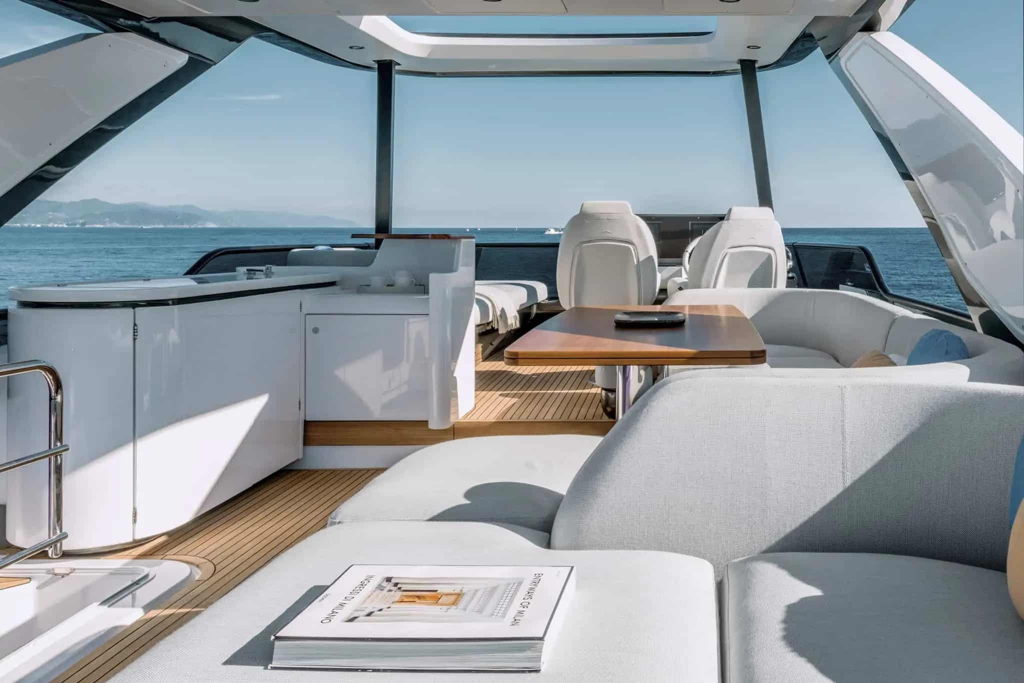 Azimut Fly 68 flybridge helm, bar and seating — shipyard photo