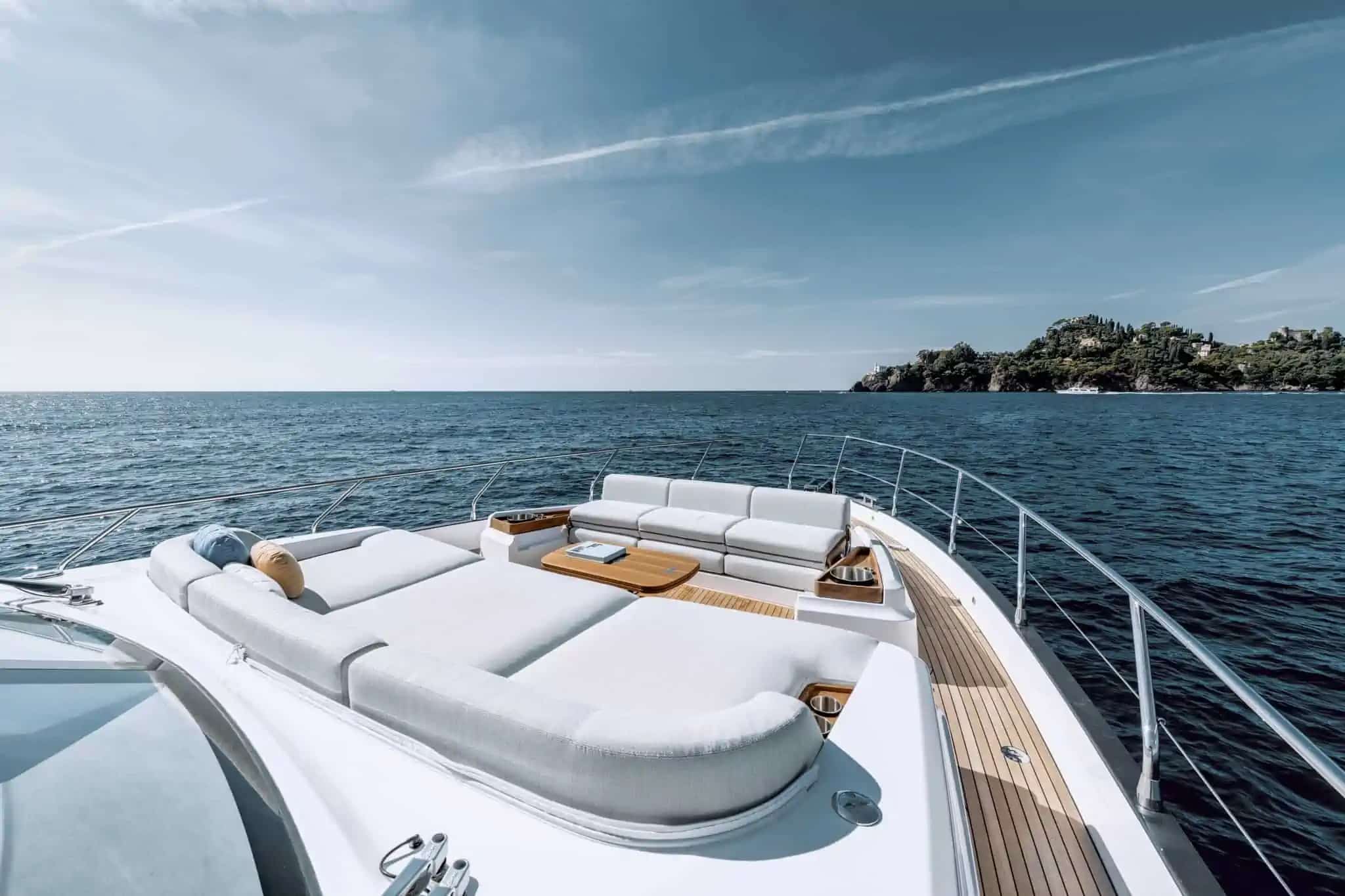 Azimut Fly 68 foredeck sunpad lounge at anchor — shipyard photo