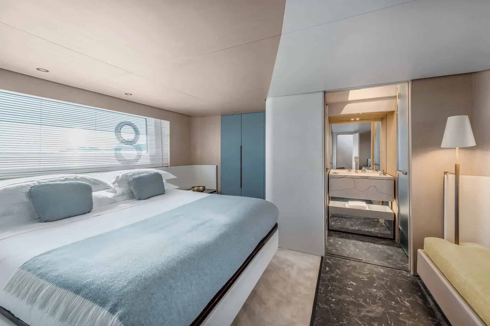 Azimut Fly 68 owner cabin with ensuite entrance — shipyard photo