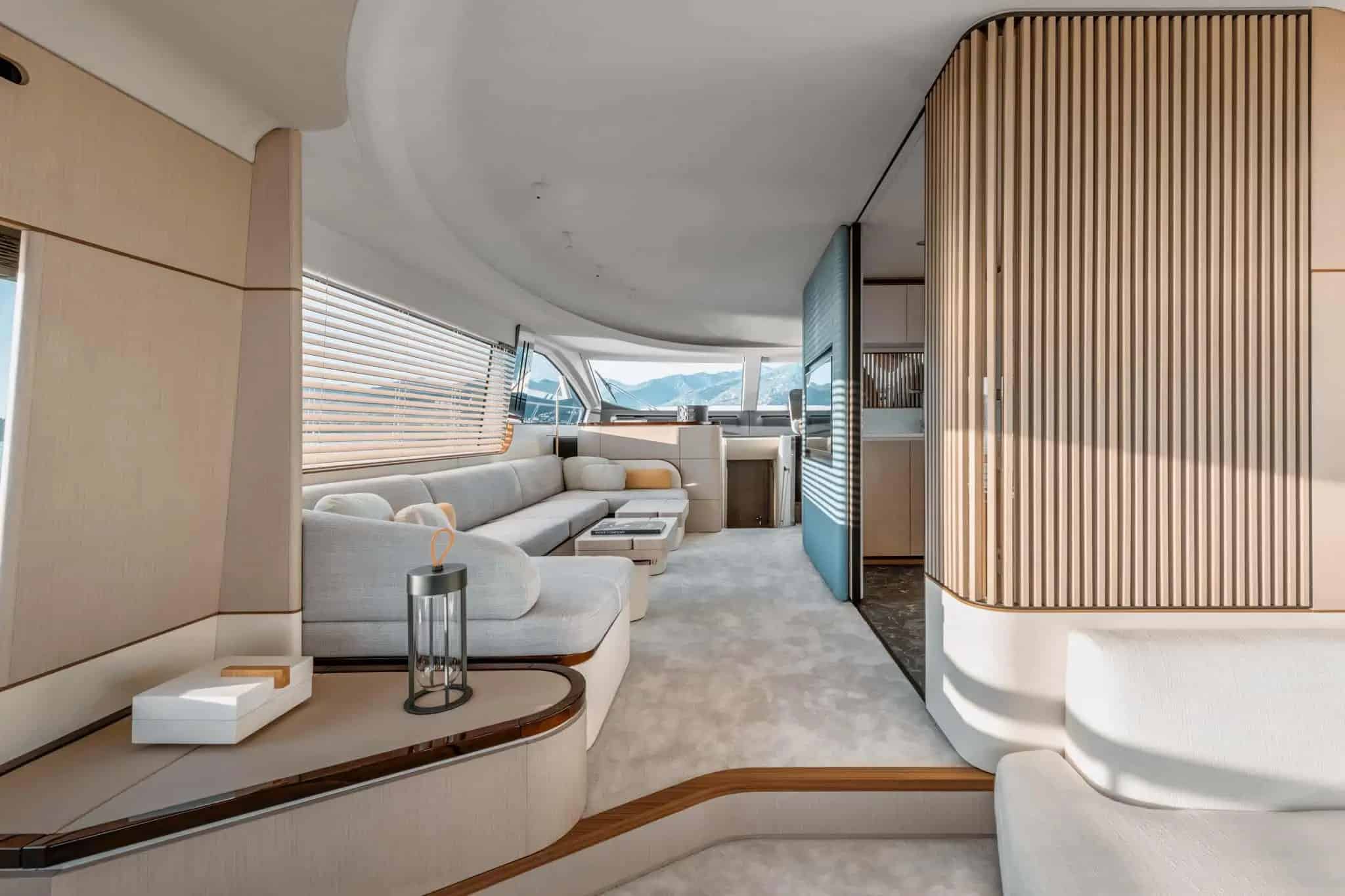 Azimut Fly 68 saloon aft view with wooden slats — shipyard photo