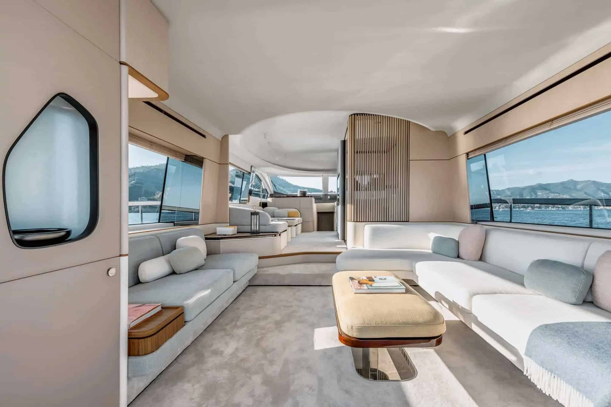Azimut Fly 68 main saloon with corner sofa — shipyard photo