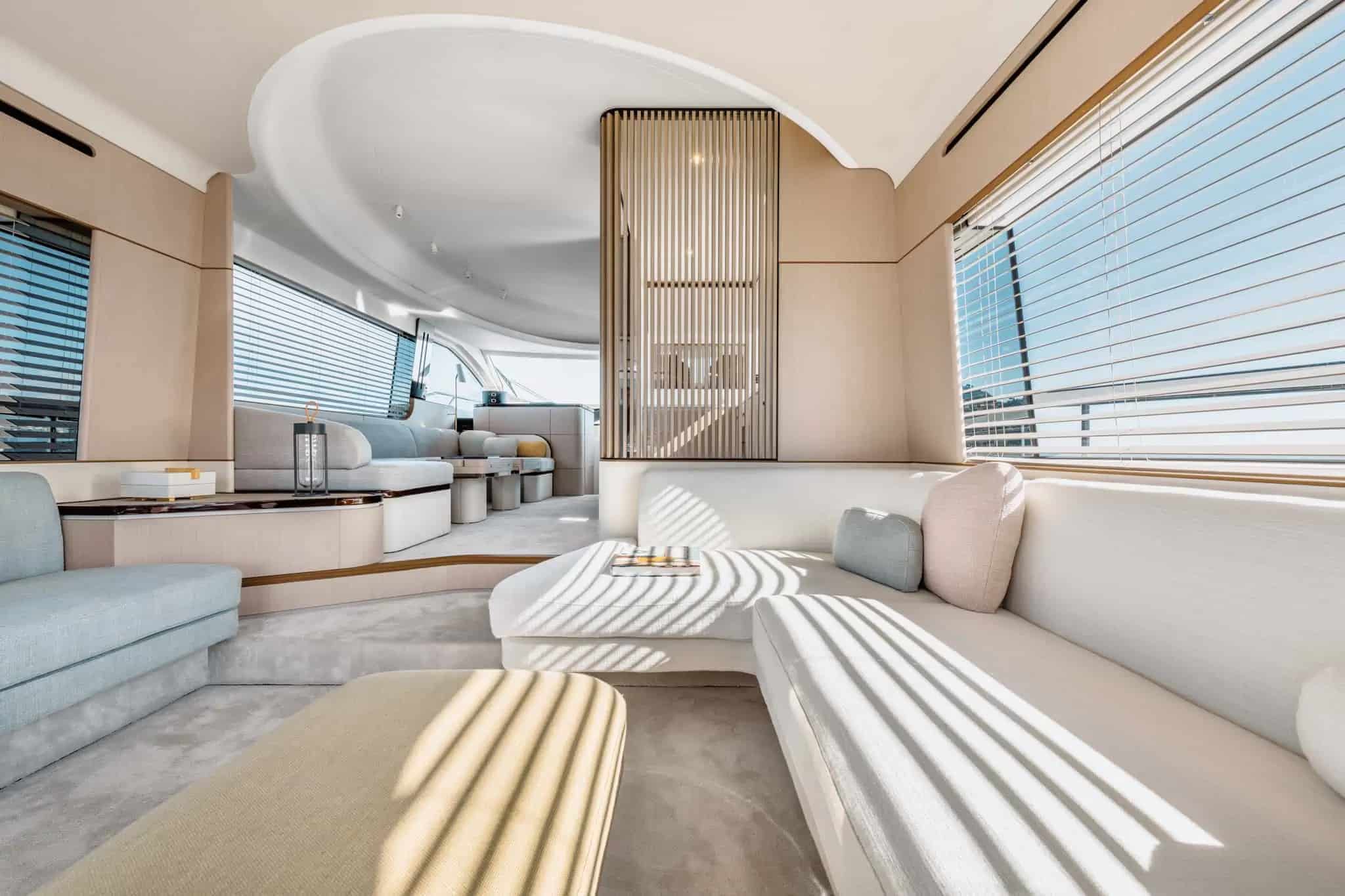 Azimut Fly 68 main saloon lounge with slatted divider — shipyard photo