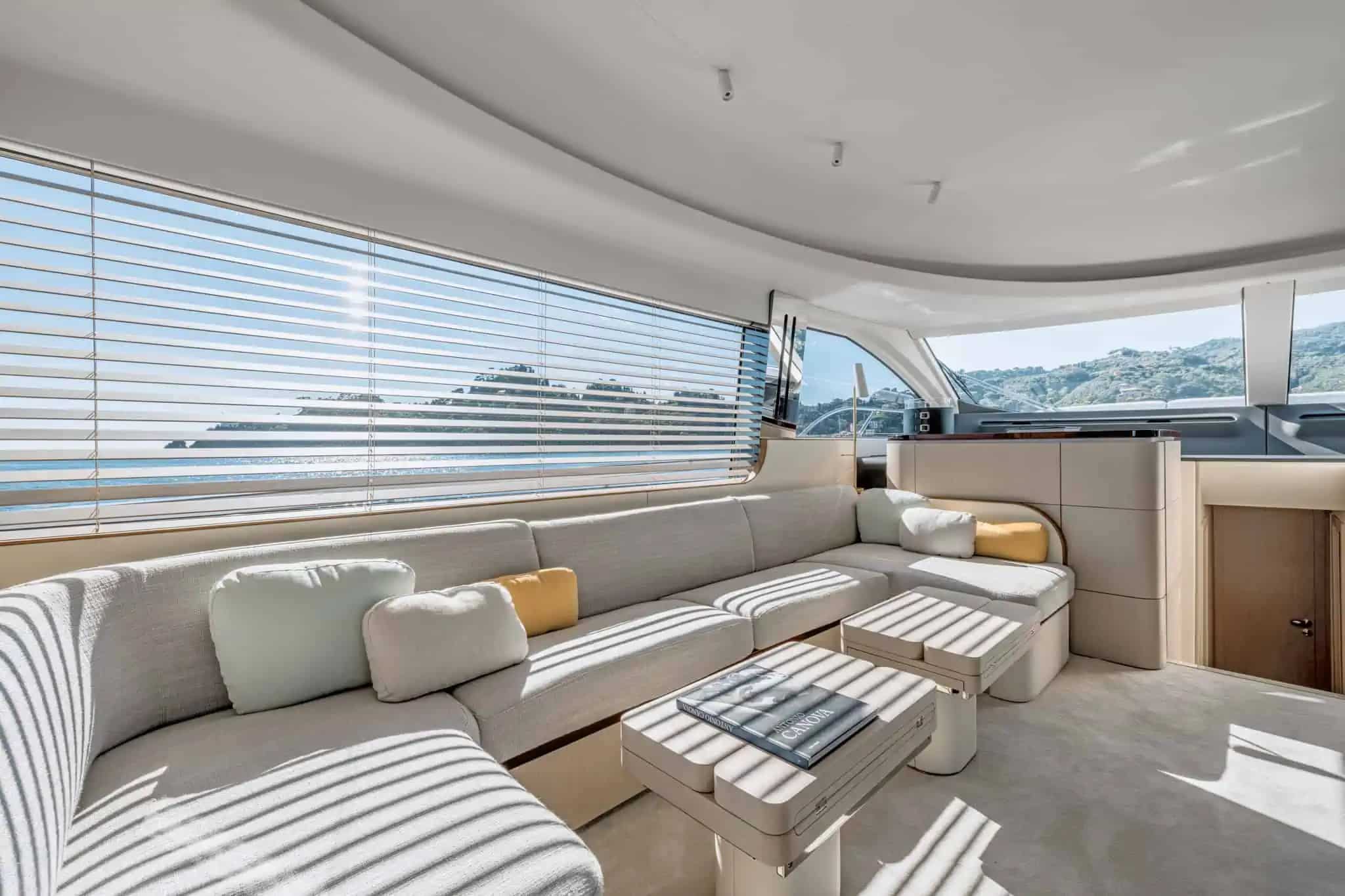 Azimut Fly 68 saloon sofa with venetian blinds — shipyard photo