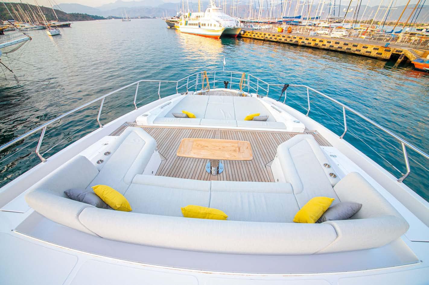 Azimut Grande 27M foredeck sunpads and lounge looking forward, broker photo