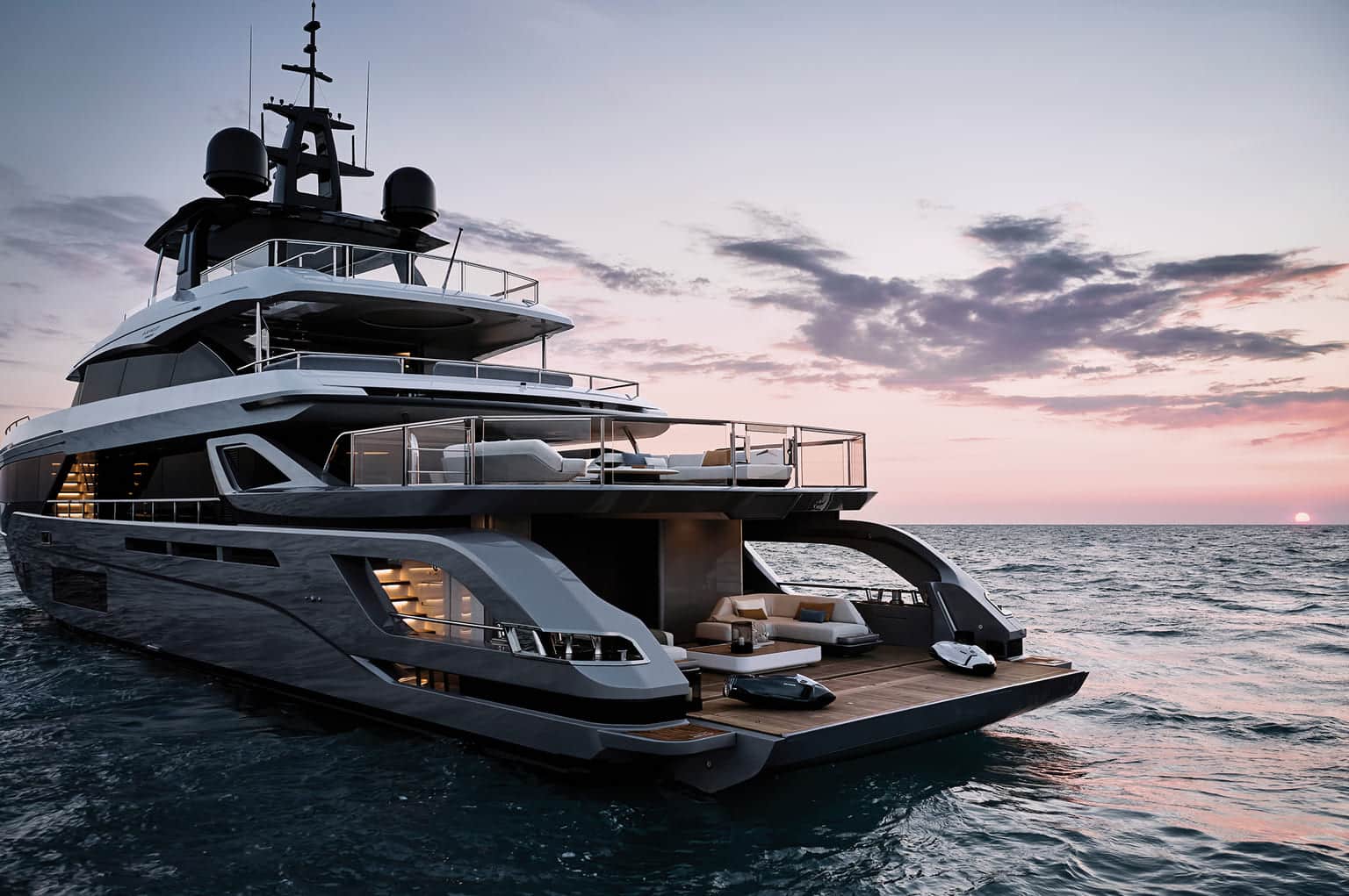 Grande Trideck stern view at dusk, Azimut shipyard photo