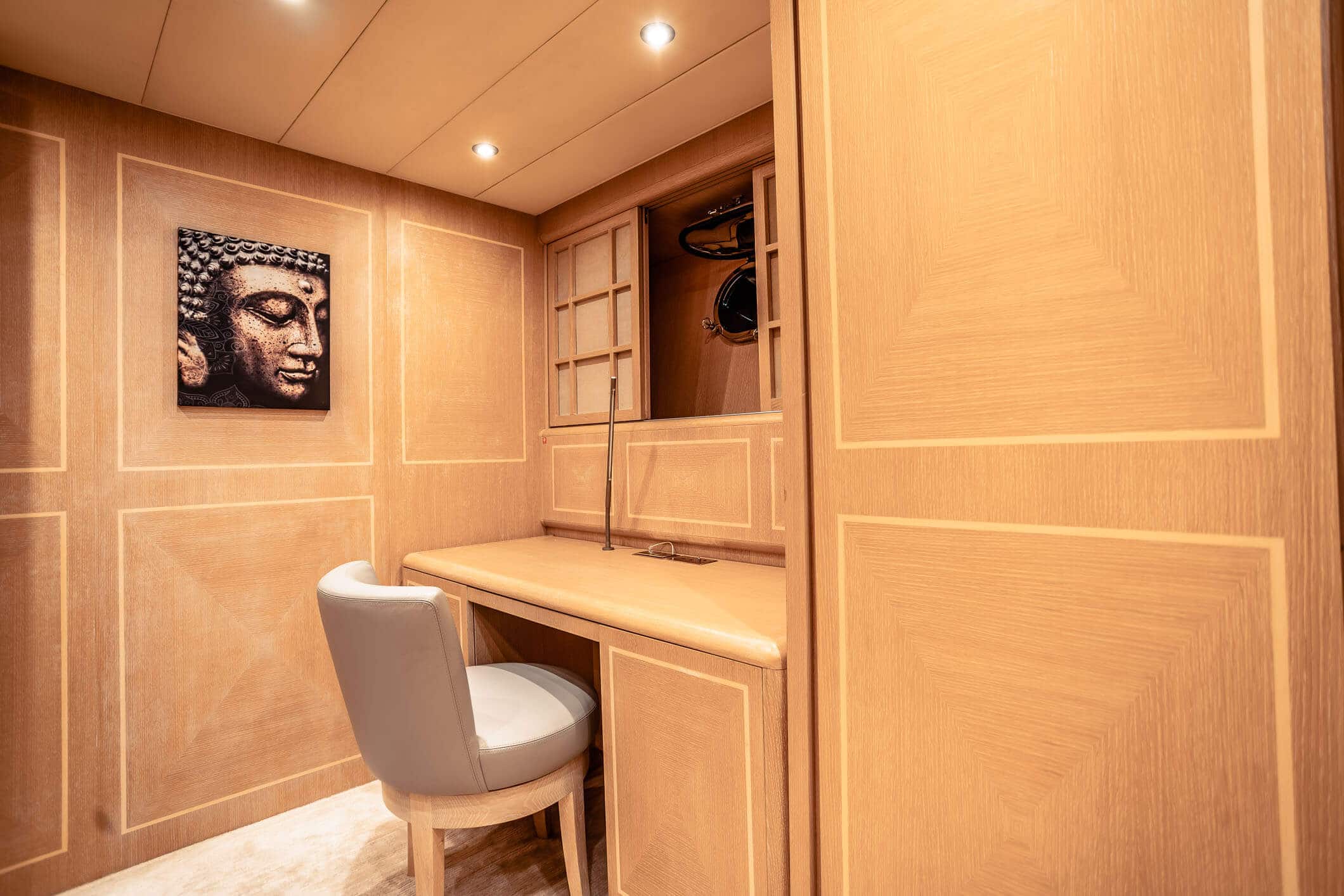 Baglietto 105 HT master cabin dressing area with vanity desk