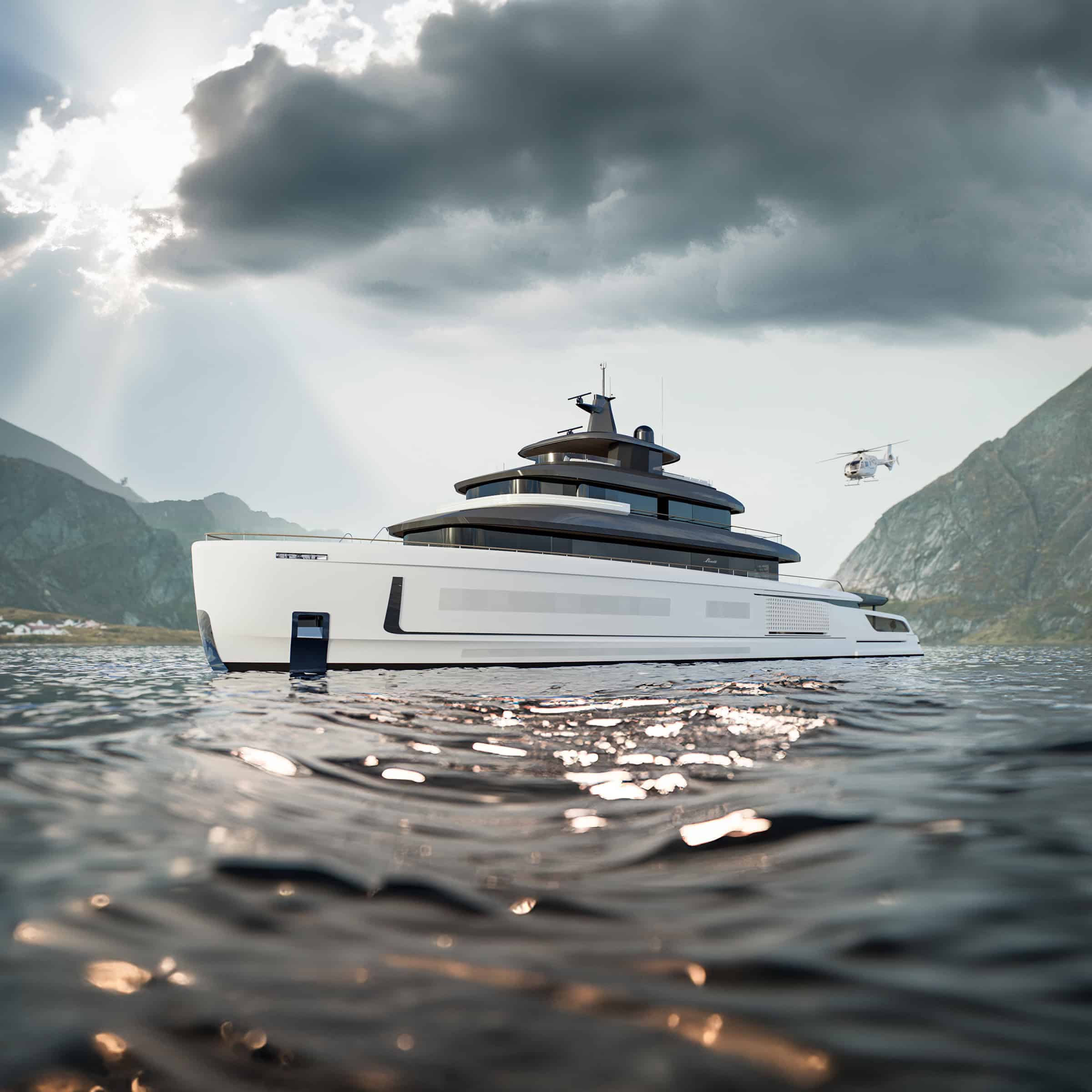 Benetti B.Yond 57M bow quarter view underway with helicopter overhead, shipyard rendering