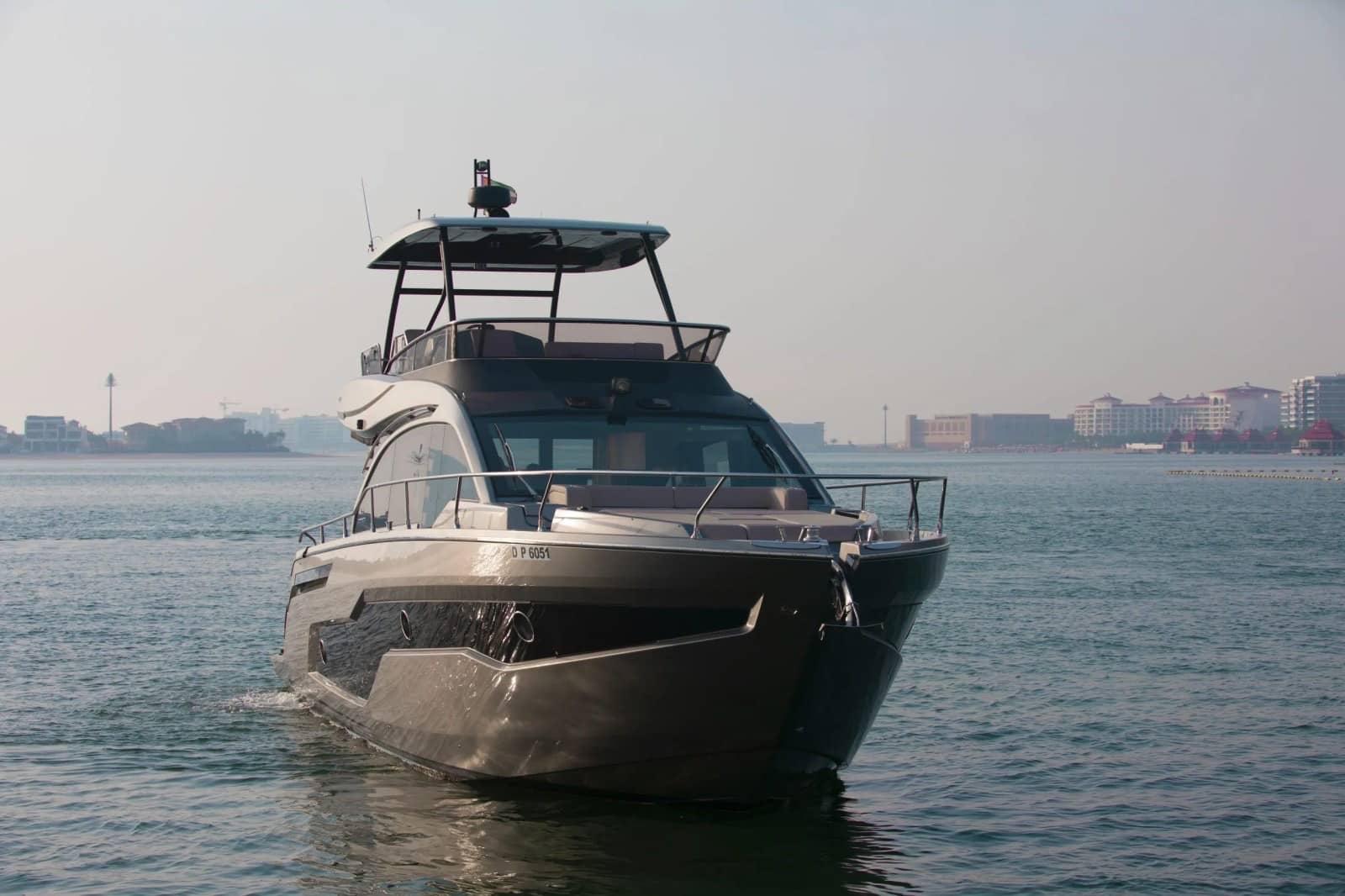 Cranchi 52 Evoluzione bow view at anchor off the Dubai coast