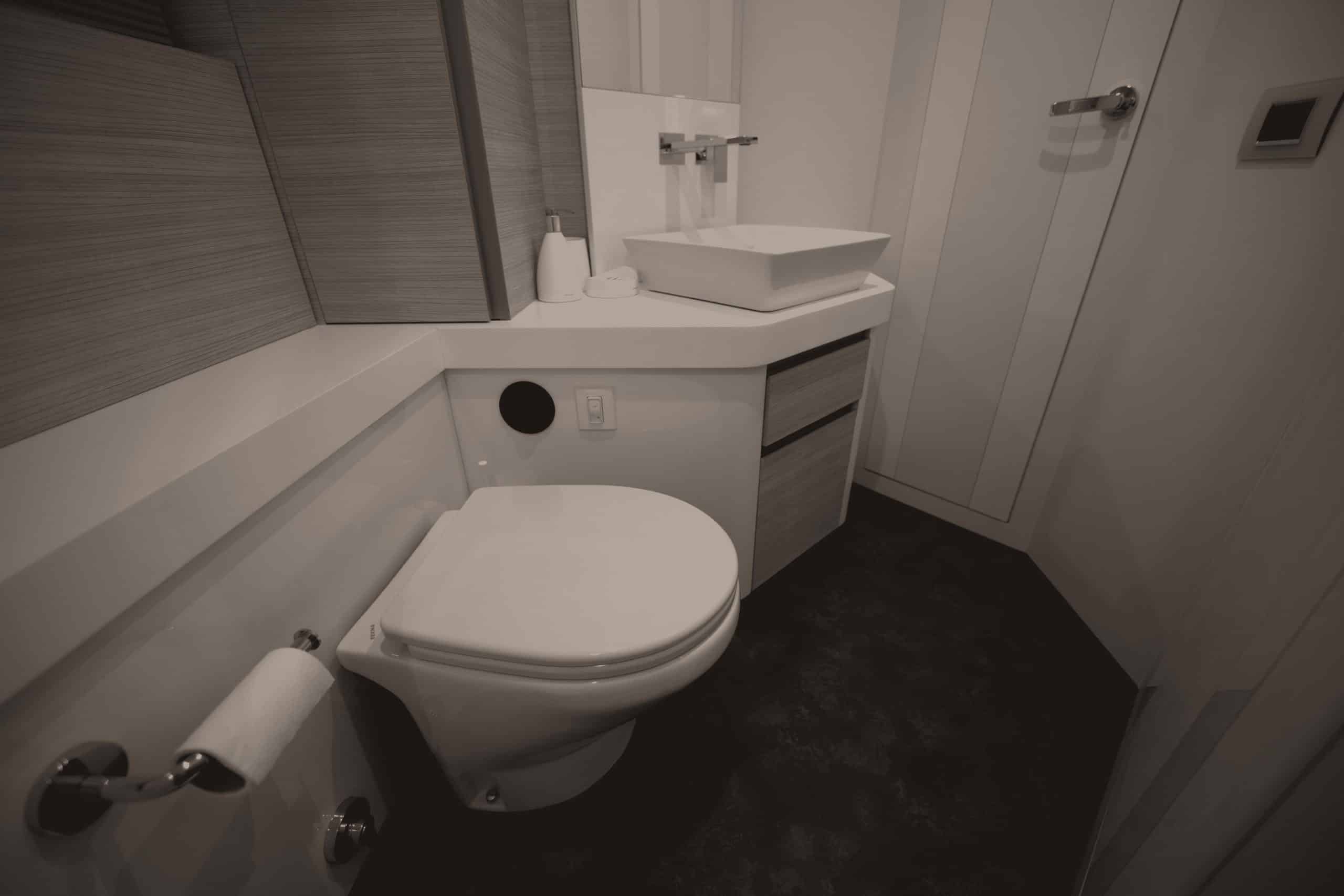 Cranchi 52 Evoluzione guest head with wall-hung toilet and basin