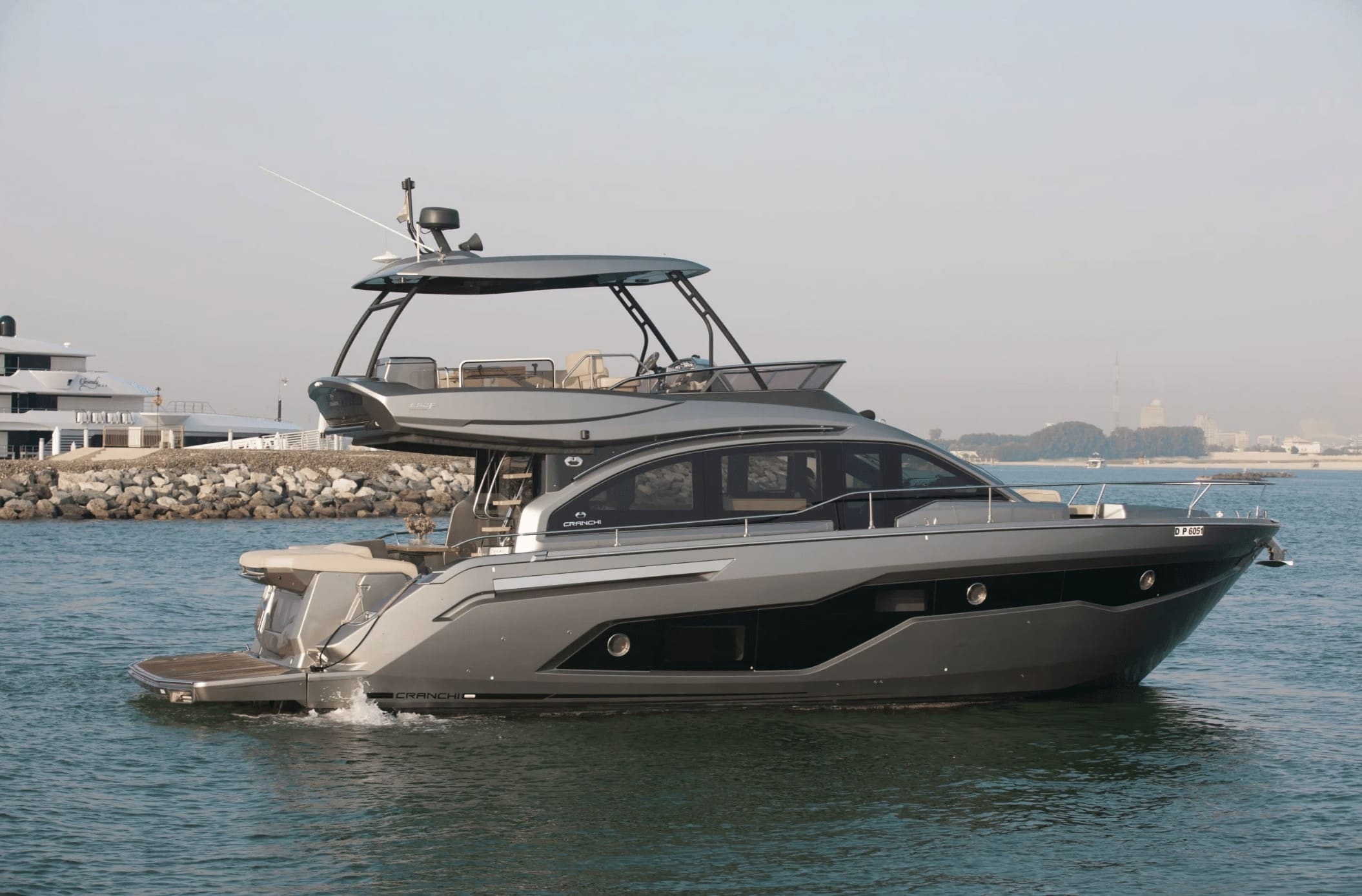 Cranchi 52 Evoluzione starboard profile at anchor off Dubai