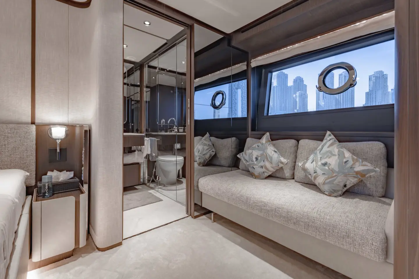 Owner's suite lounge and vanity aboard the Ferretti 860