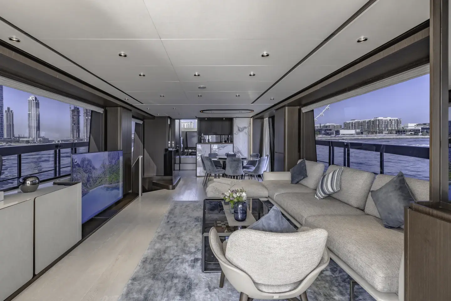 Light-filled main saloon with lounge seating, Ferretti 860