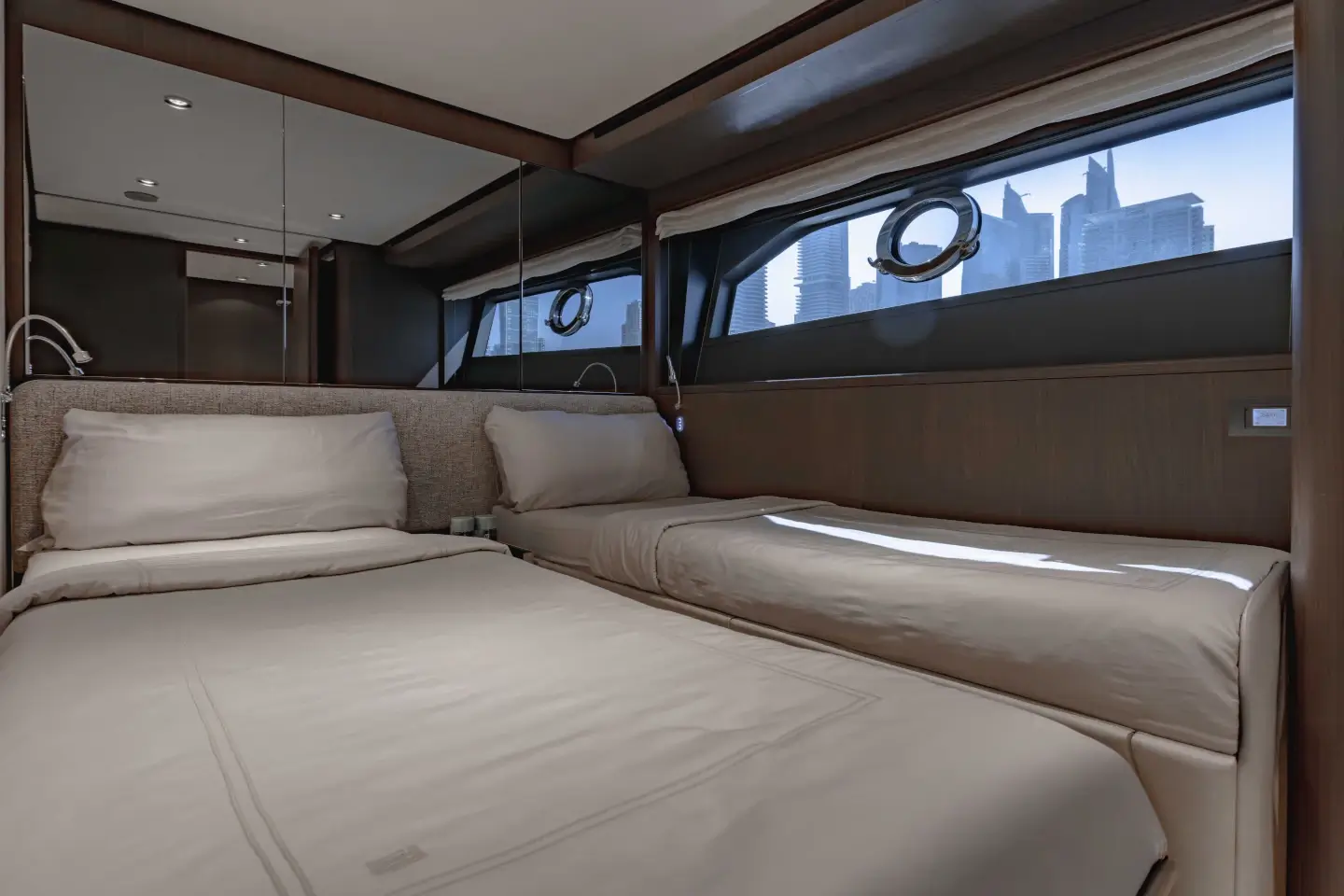 Twin-bed guest cabin with ensuite aboard the Ferretti 860