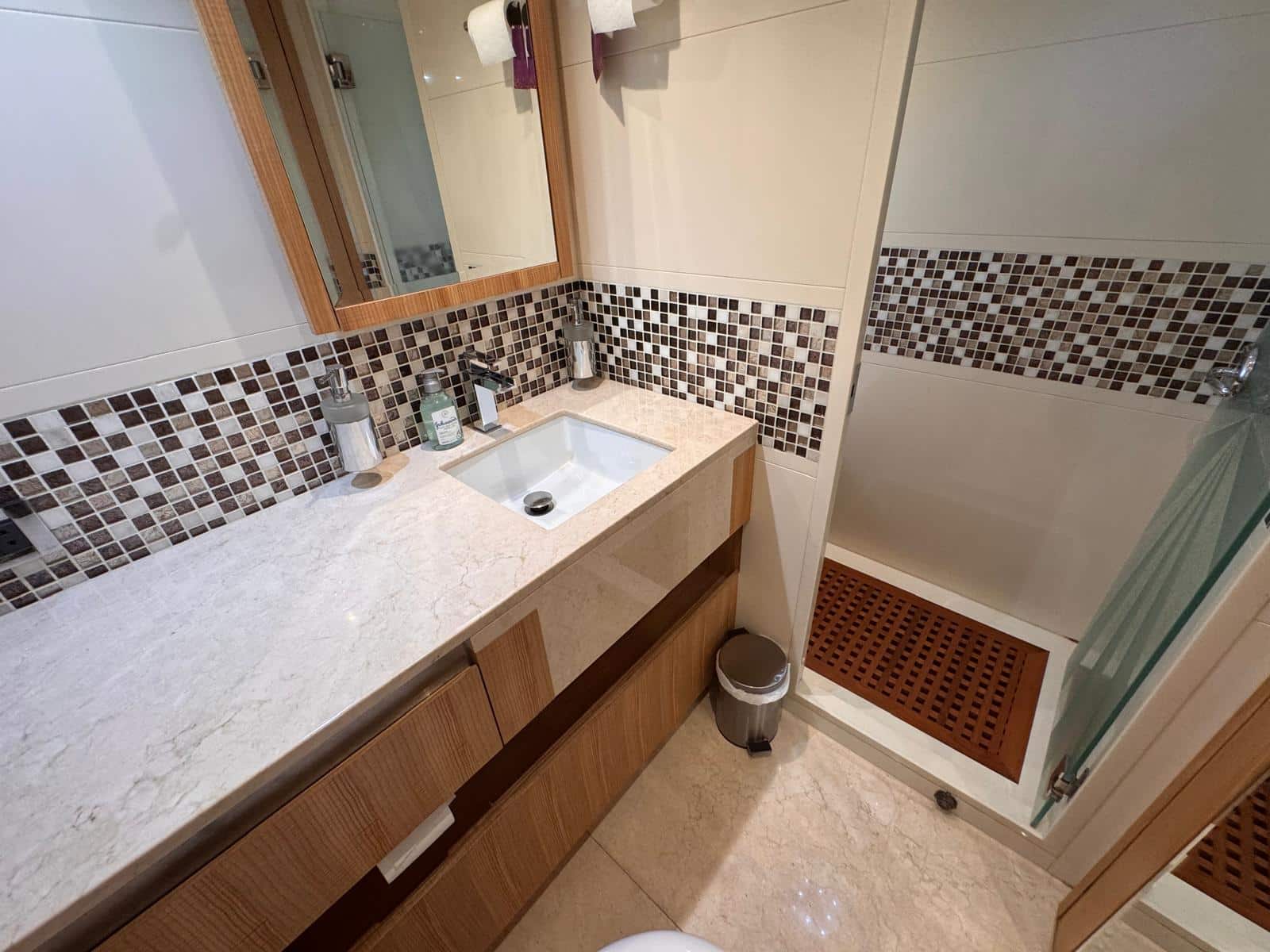 Nomad 65 ensuite bathroom with mosaic tiling and shower