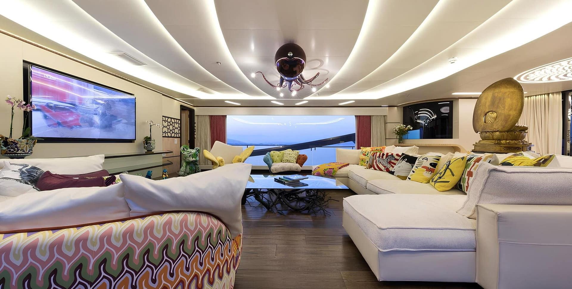 SuperSport 48 main saloon lounge with statement artwork detail