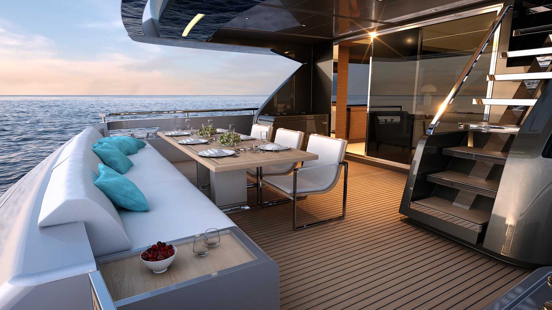 Riva 100 Corsaro cockpit dining on teak, official shipyard photo
