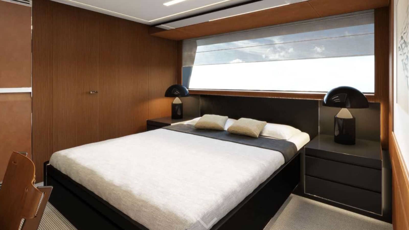 Riva 100 Corsaro guest double cabin in oak, official shipyard photo