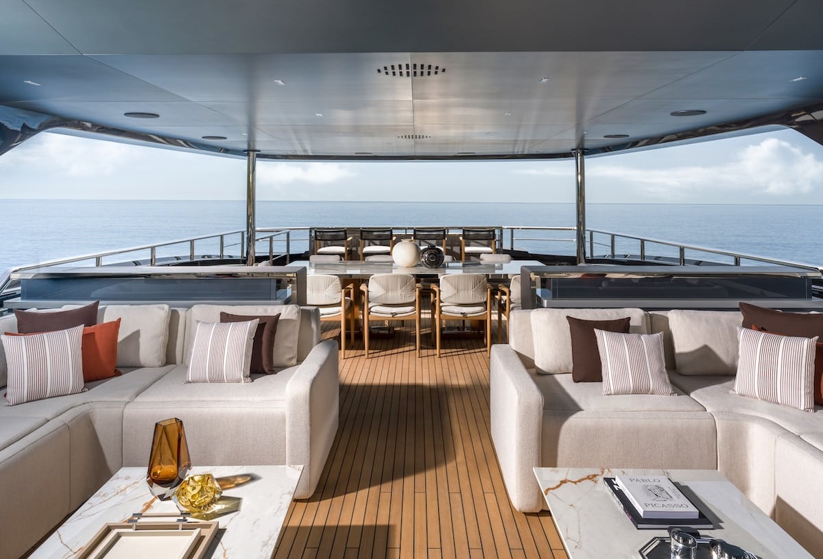 Riva 54Metri shaded aft deck lounge and dining, broker photo