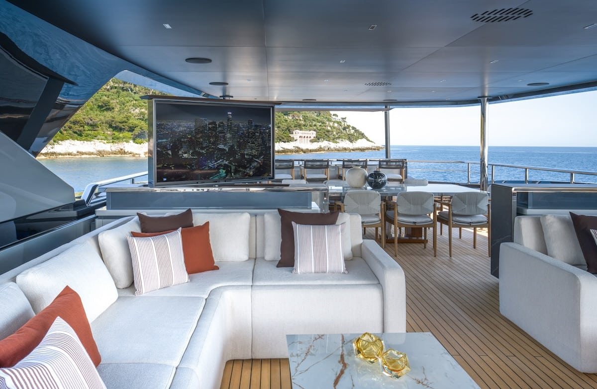Riva 54Metri aft deck lounge with outdoor television, broker photo
