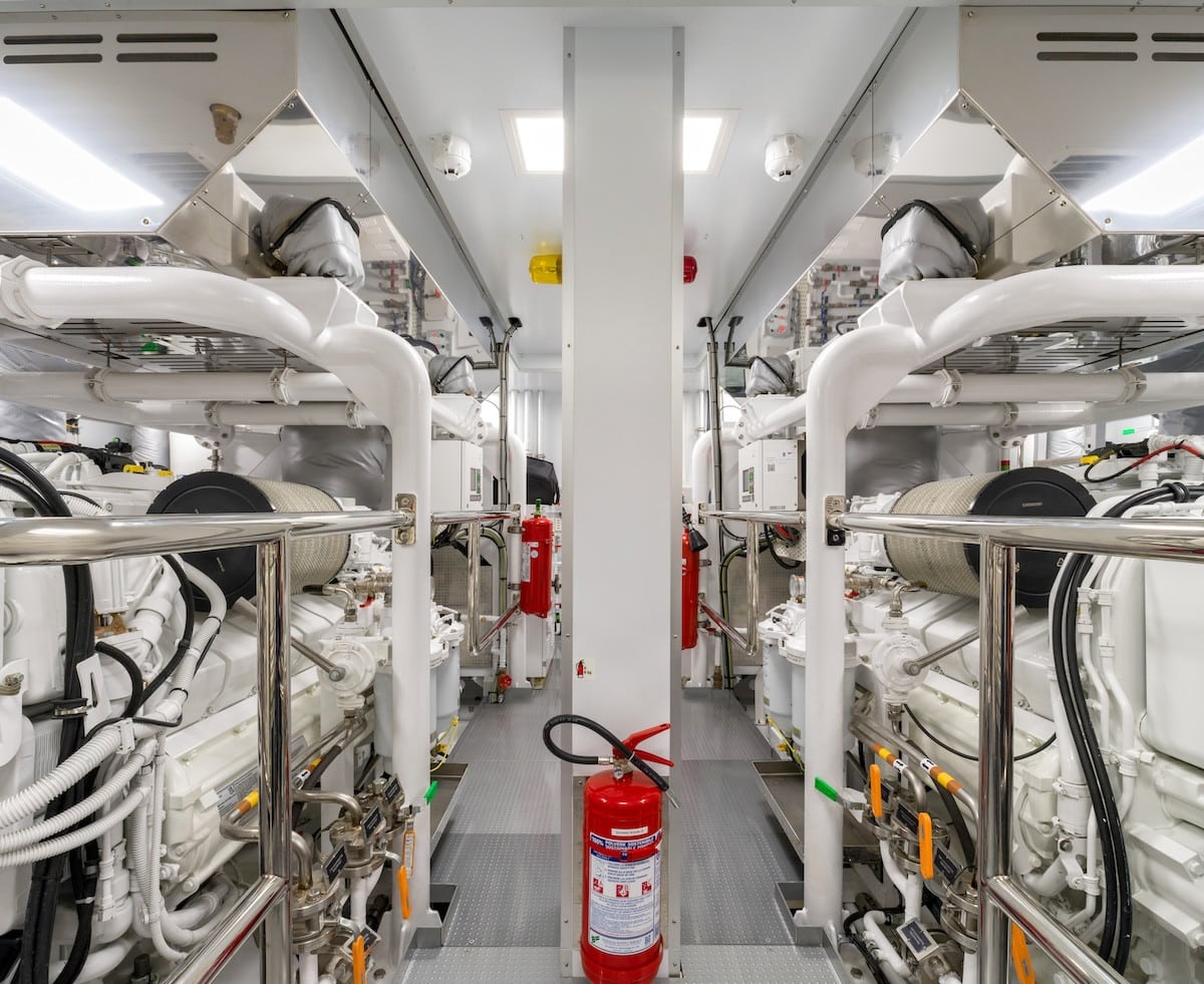 Riva 54Metri engine room with twin MTU diesels, broker photo