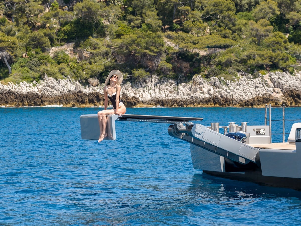 Riva 54Metri swim platform and passerelle at anchor, broker photo
