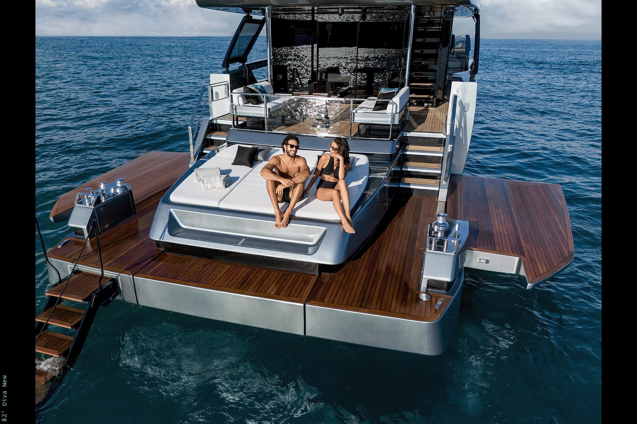 Riva 82 Diva beach club with fold-down side terraces and sunpad