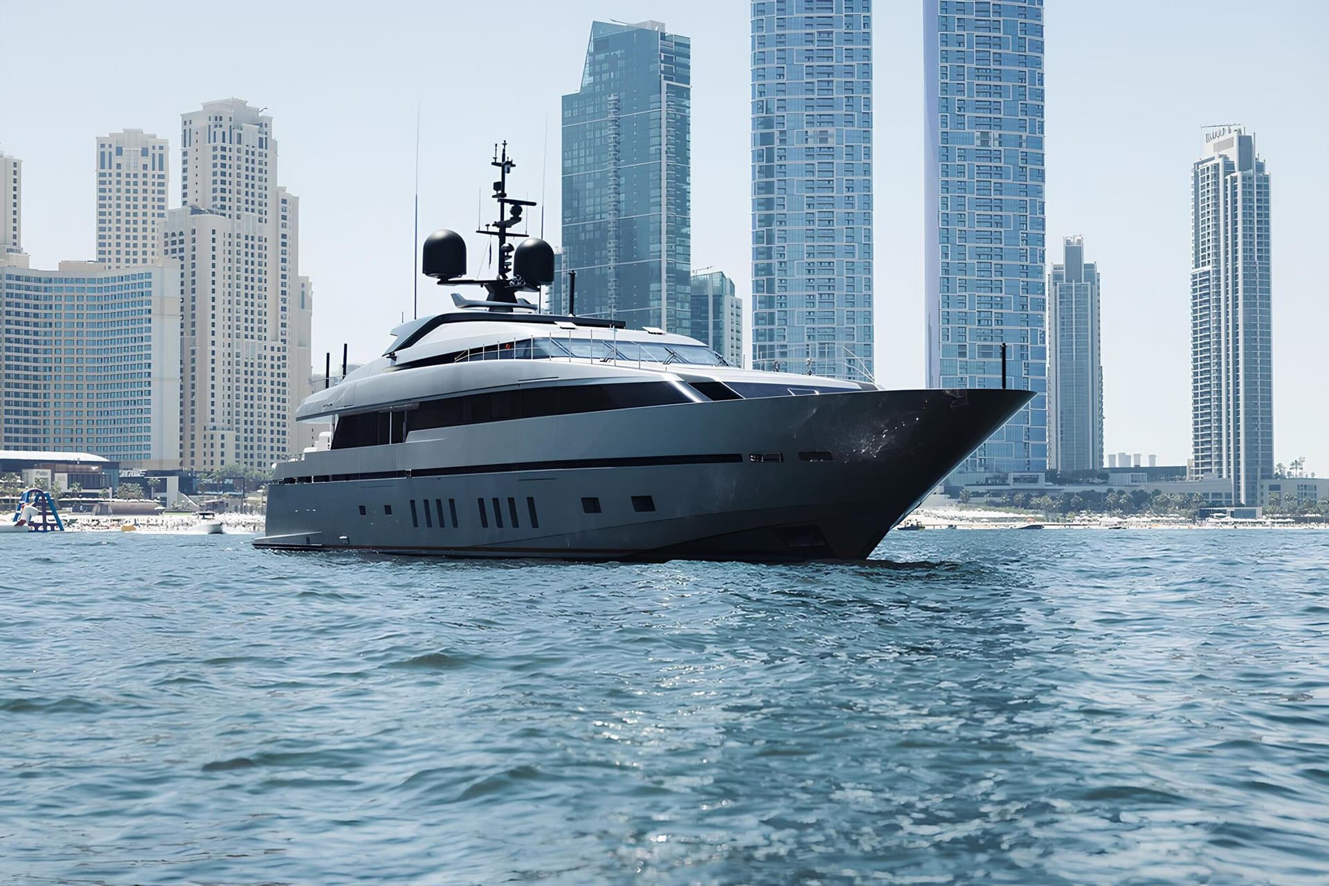 Sanlorenzo 40 Alloy profile against the Dubai city skyline