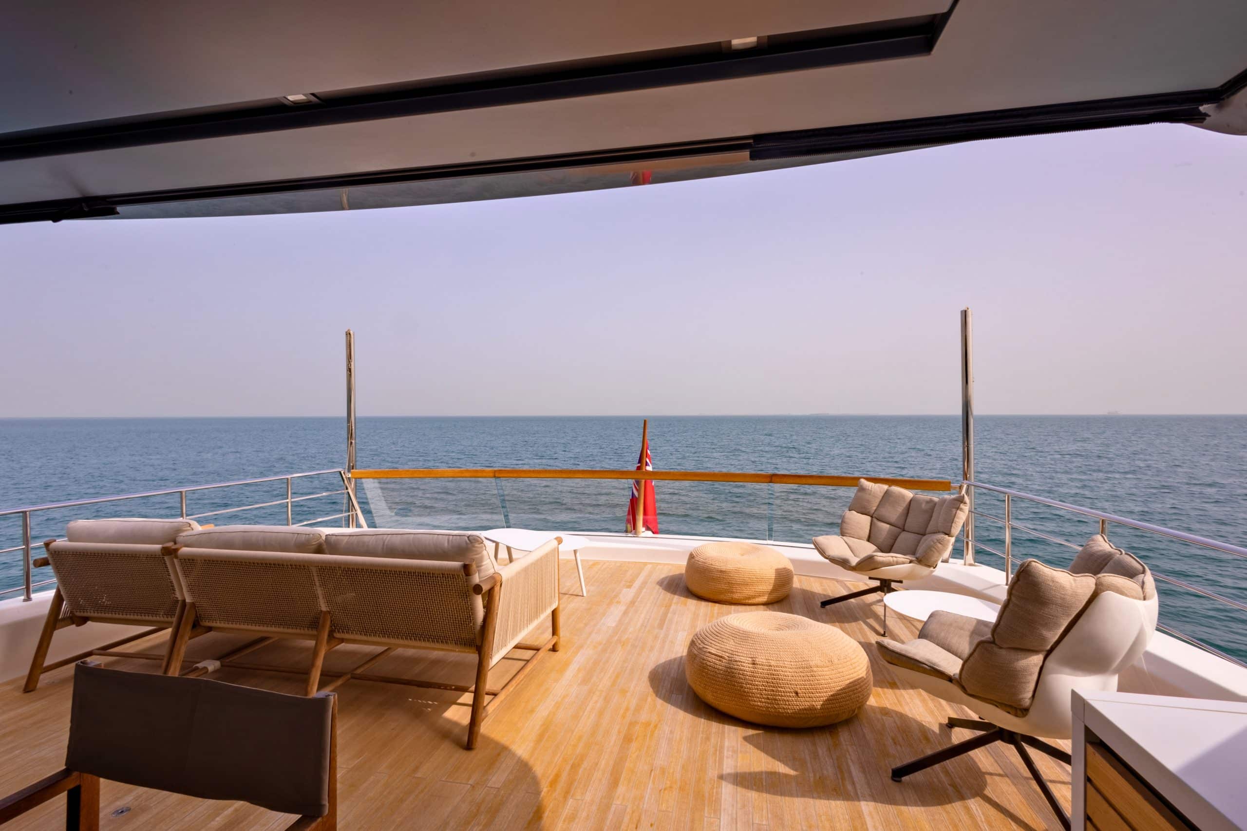 SanLorenzo SX88 beach club deck with directors chairs, open to the sea