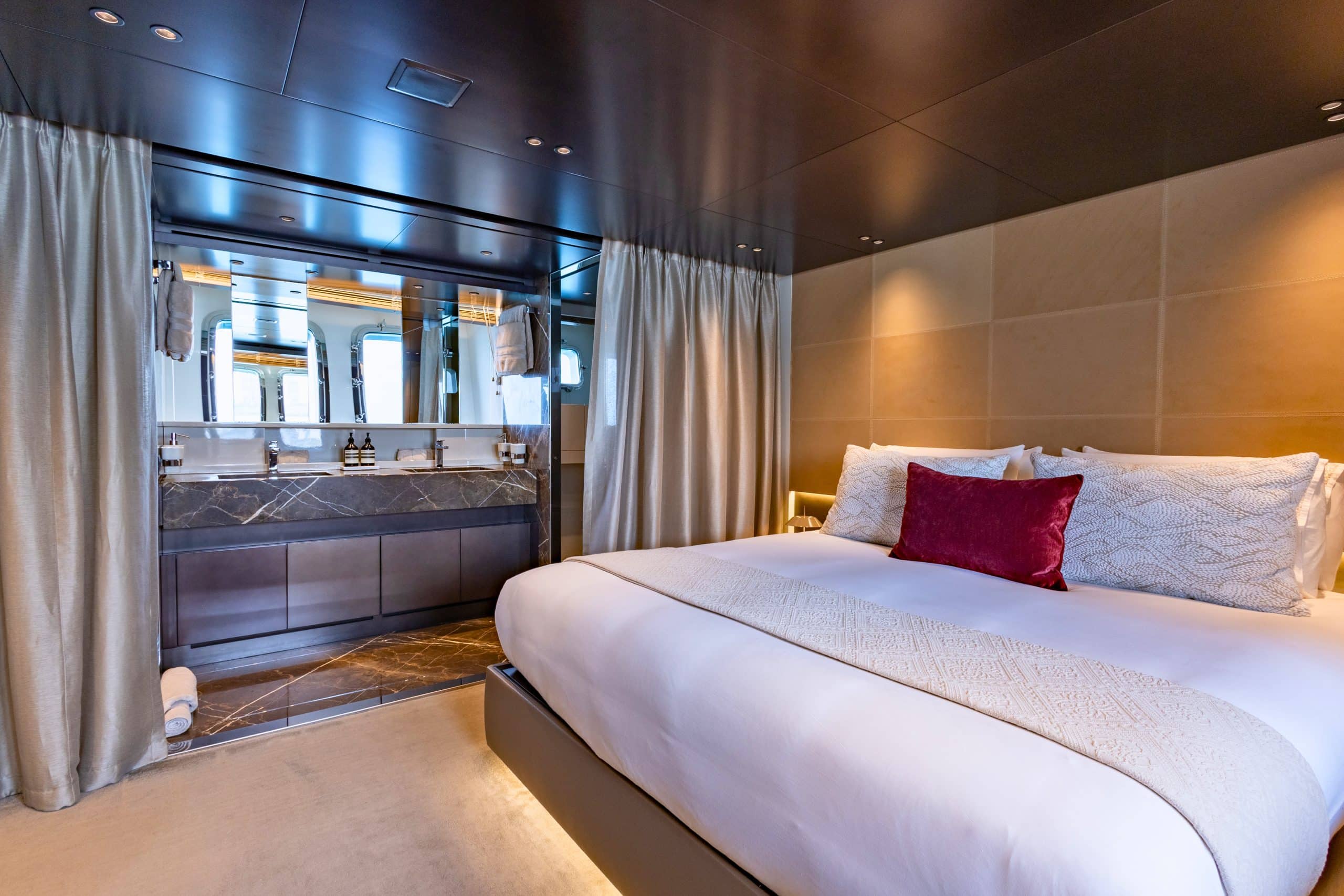 SanLorenzo SX88 double cabin with marble ensuite beyond