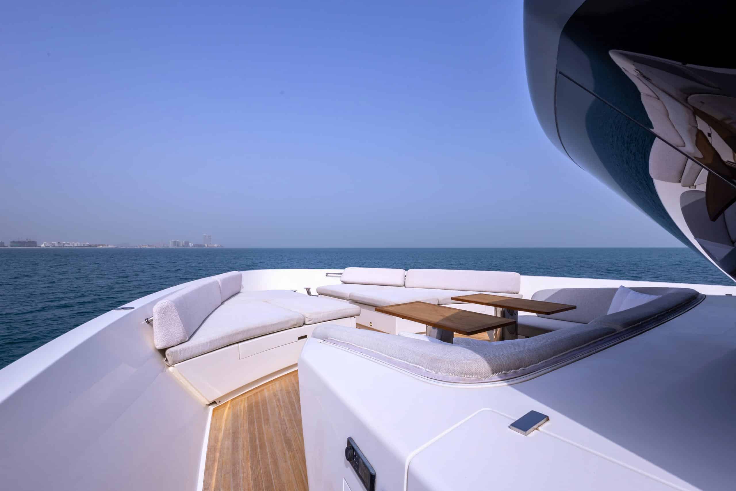 SanLorenzo SX88 foredeck sunpad and seating with open sea ahead