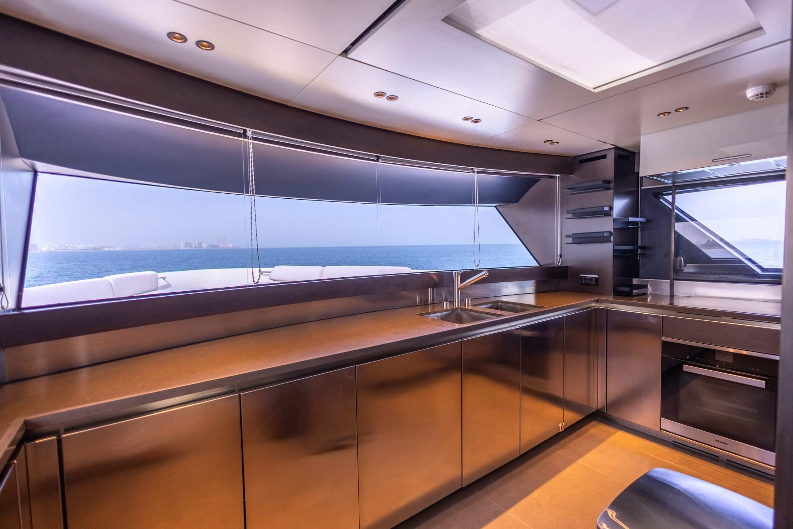 SanLorenzo SX88 galley with full-length counter and sea views