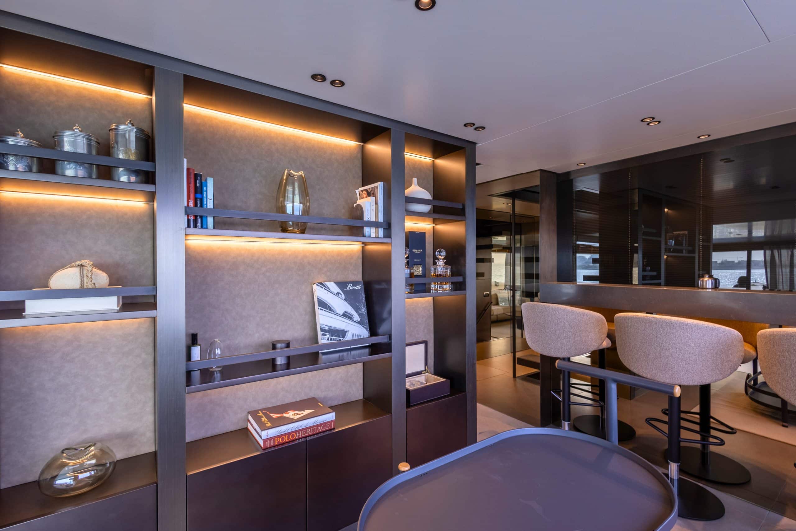SanLorenzo SX88 saloon bar with backlit shelving and stools