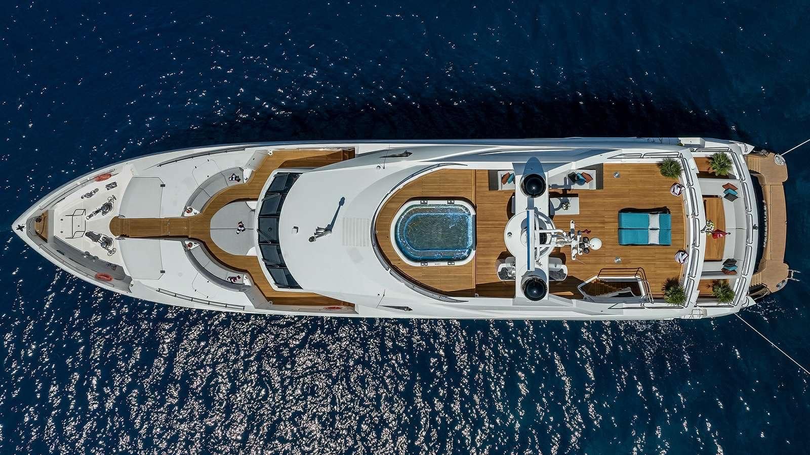Sunseeker 37M top-down aerial over sundeck, jacuzzi and foredeck