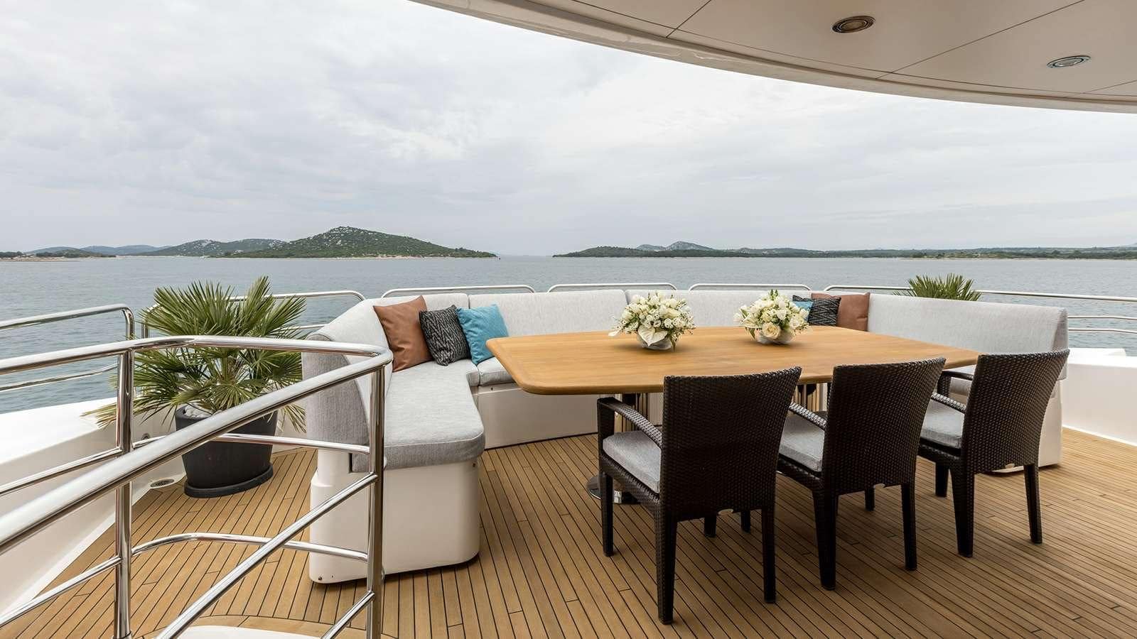 Sunseeker 37M aft deck al fresco dining with panoramic island view