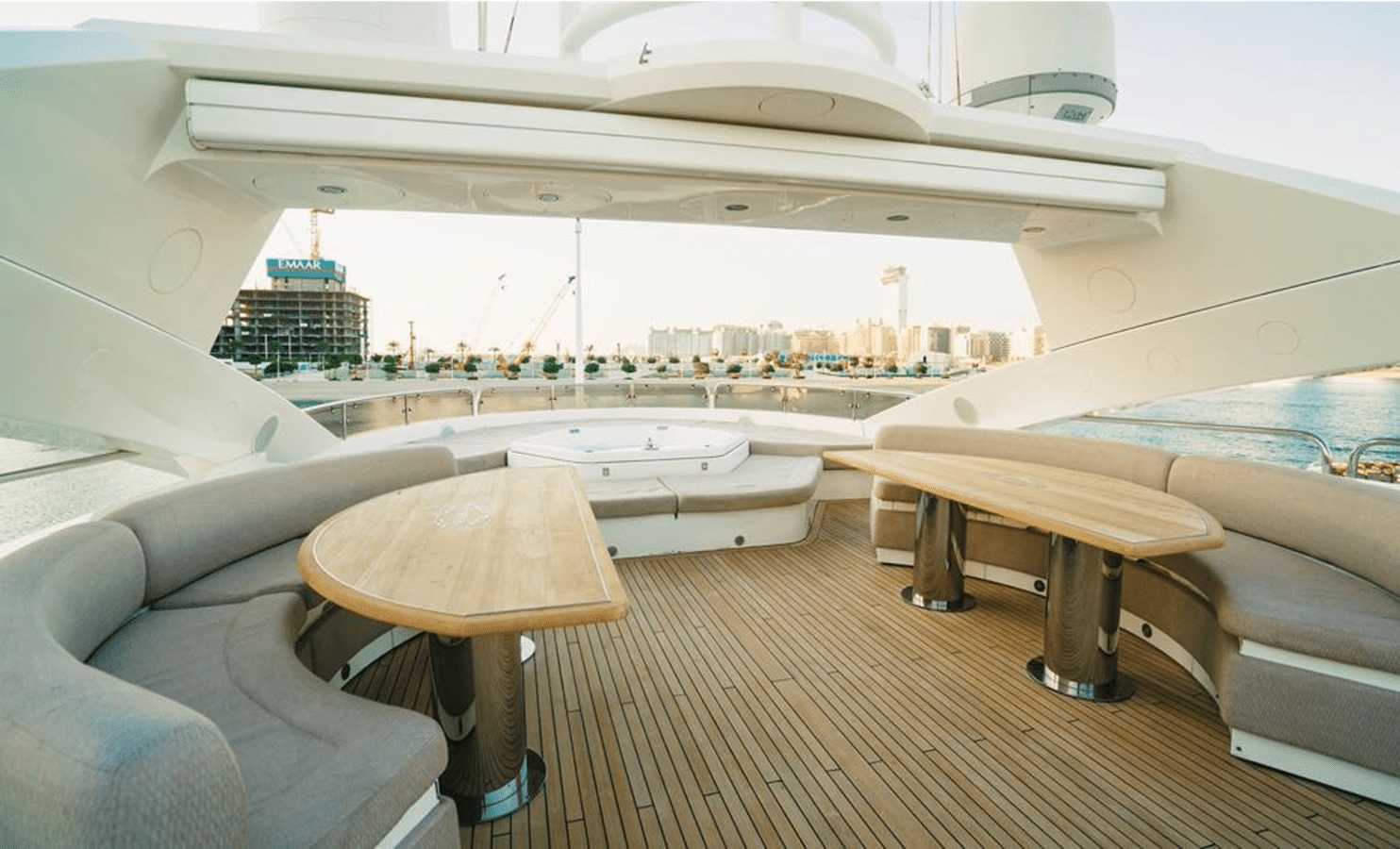 Sunseeker 40M upper aft deck lounge sofas and coffee tables