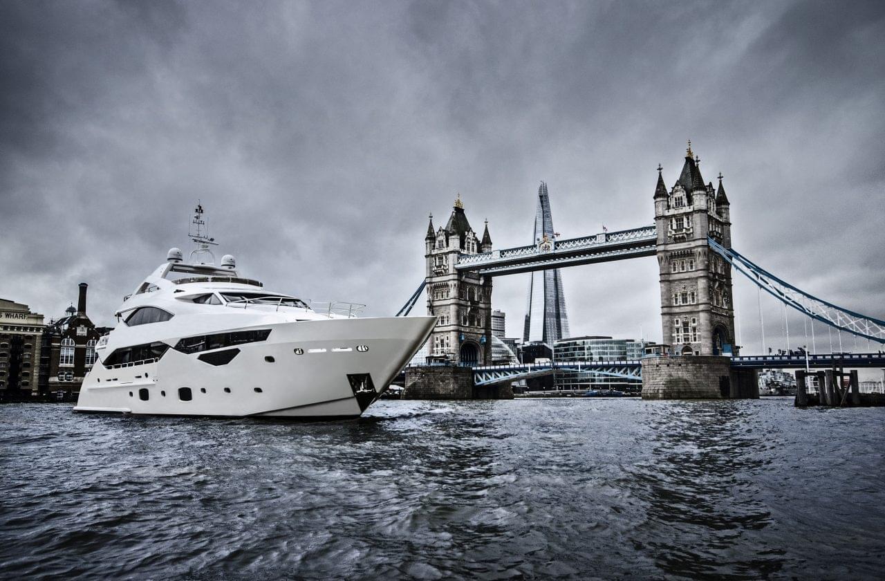 Sunseeker 40M bow three-quarter view on the water — shipyard photo