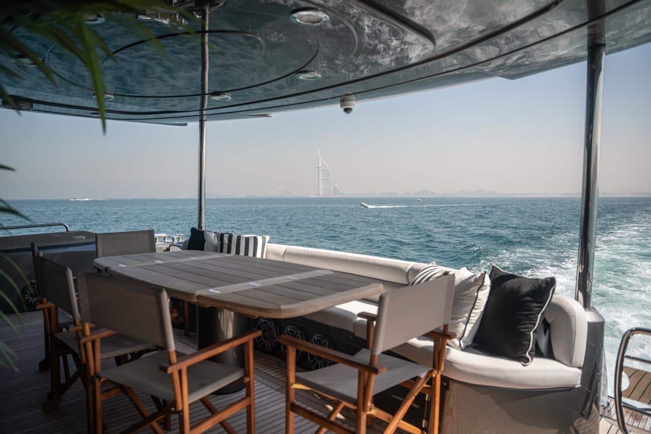 Sunseeker 82 Yacht aft deck dining underway off the Dubai coast