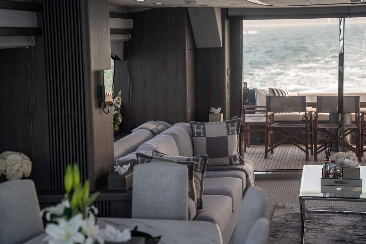 Sunseeker 82 Yacht saloon looking aft to the cockpit doors