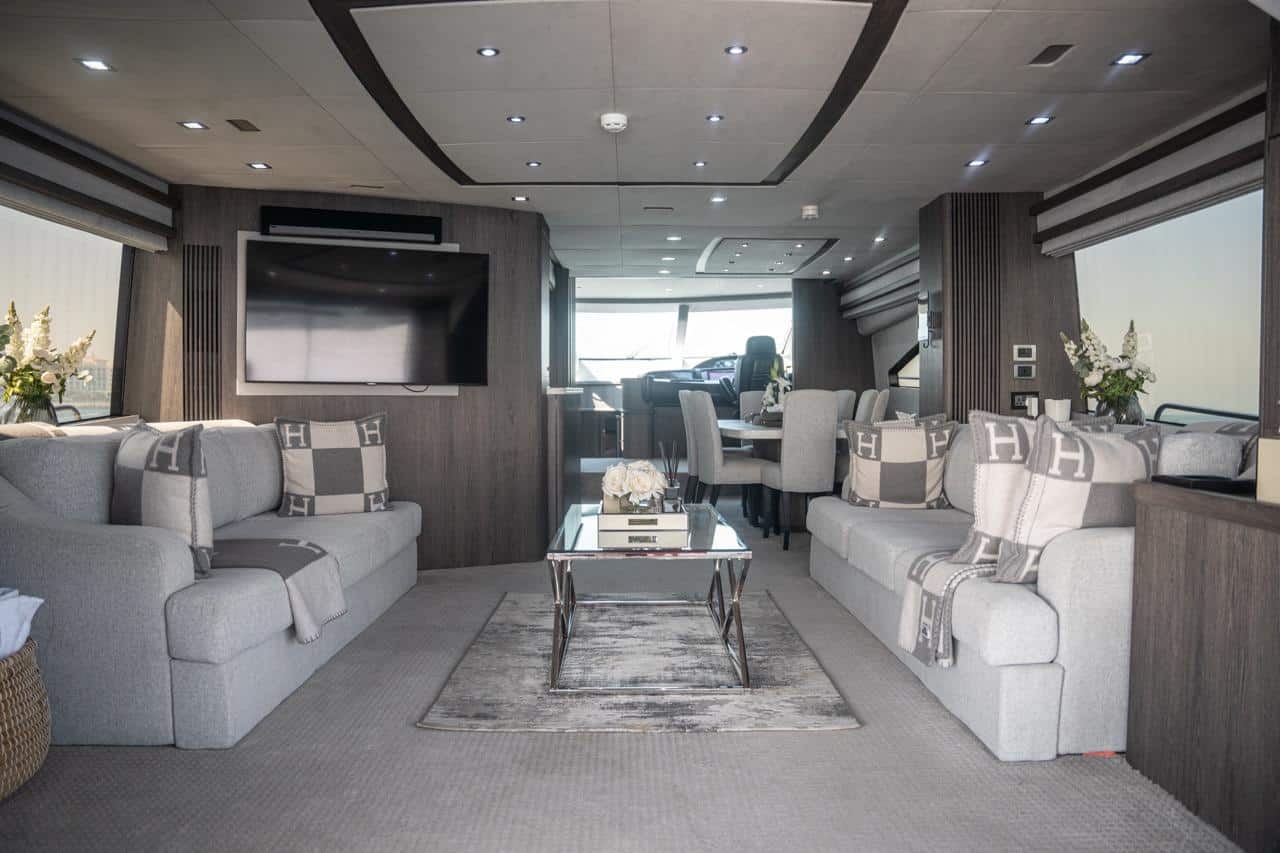 Sunseeker 82 Yacht main saloon looking forward, 2024 refit decor