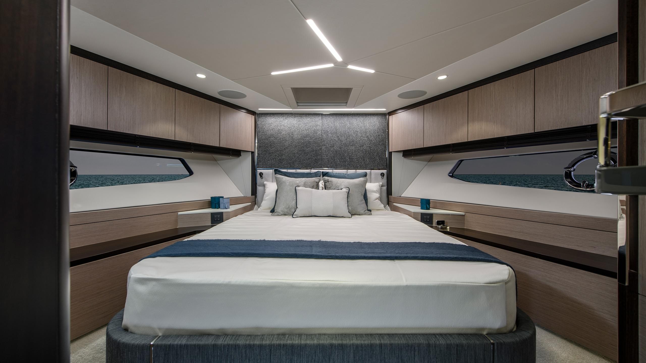 Sunseeker Manhattan 68 master cabin, headboard view — shipyard photo