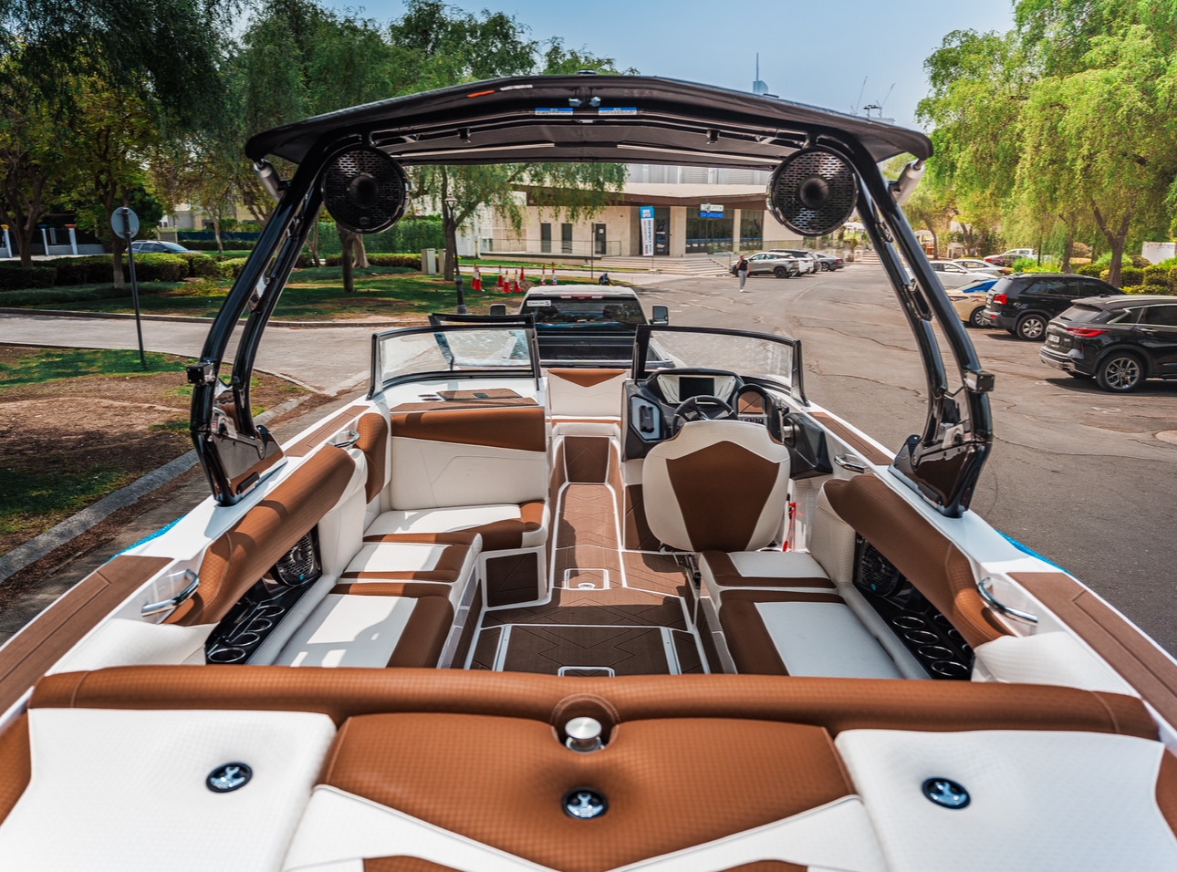 Supreme S240 cockpit lounge with brown and white upholstery