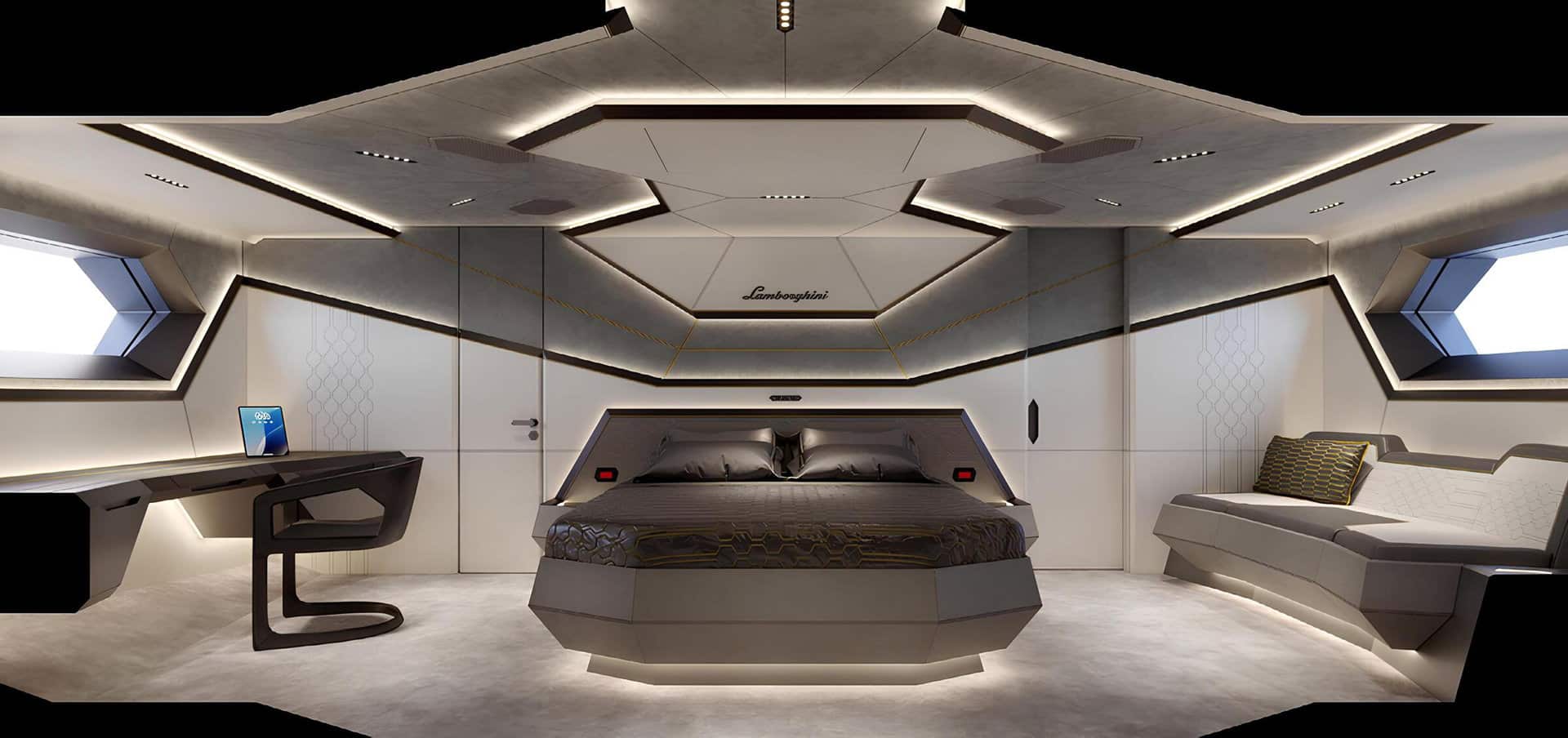 Tecnomar for Lamborghini 101 owner cabin, shipyard rendering