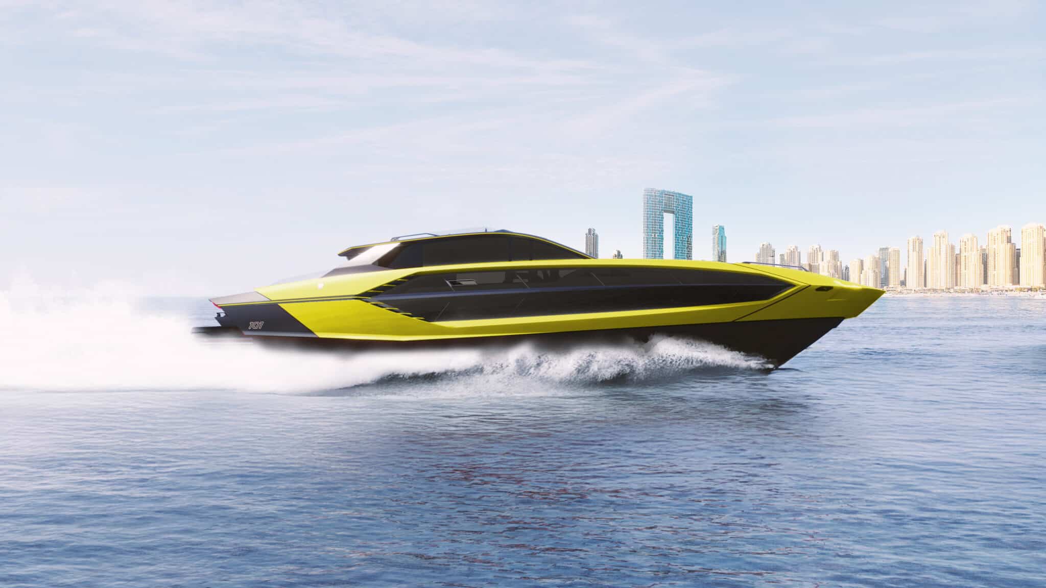Tecnomar for Lamborghini 101 at speed, shipyard rendering