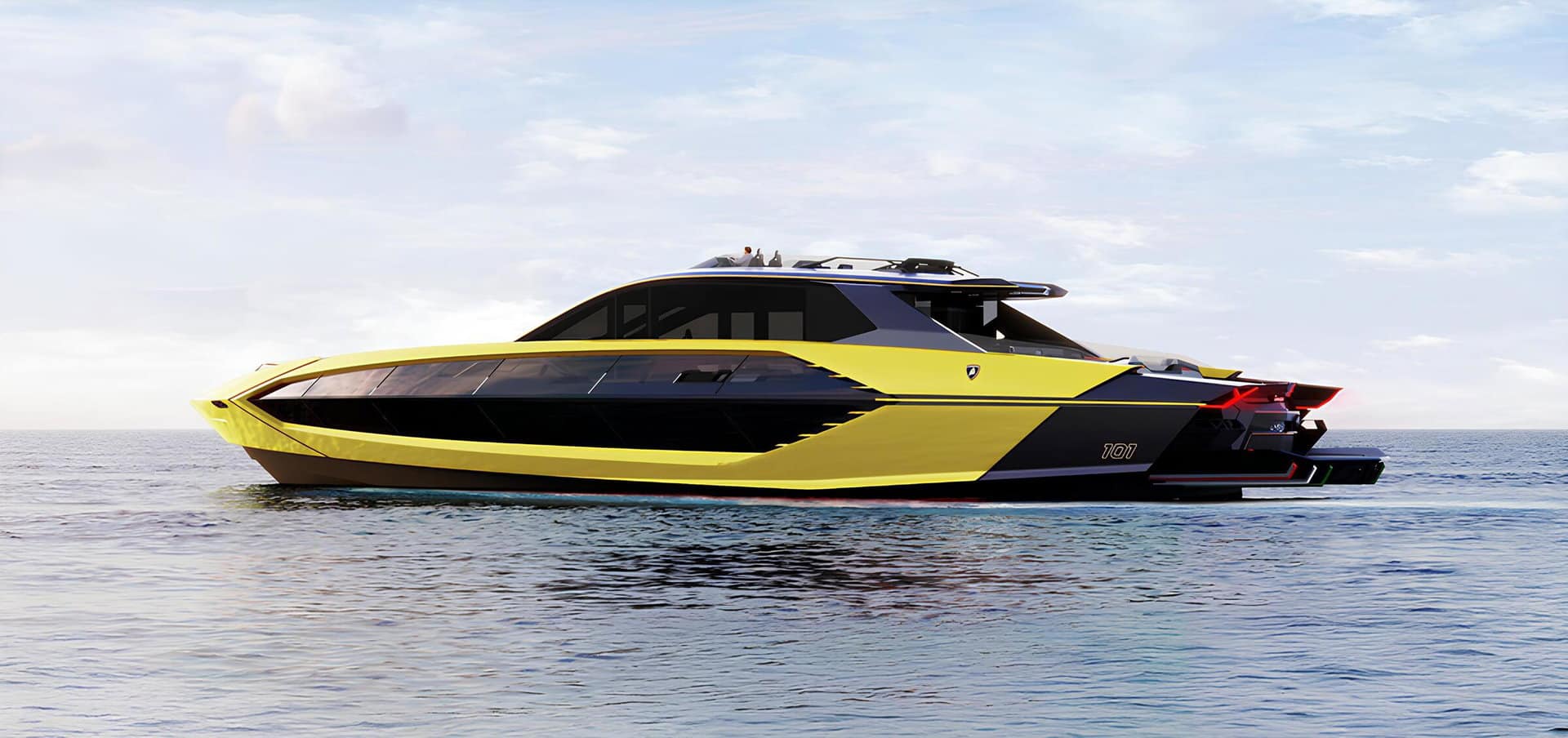 Tecnomar for Lamborghini 101 side view, shipyard rendering