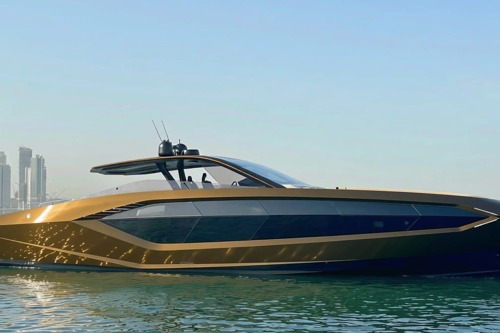 Tecnomar Lamborghini 63 profile at anchor off the Dubai skyline