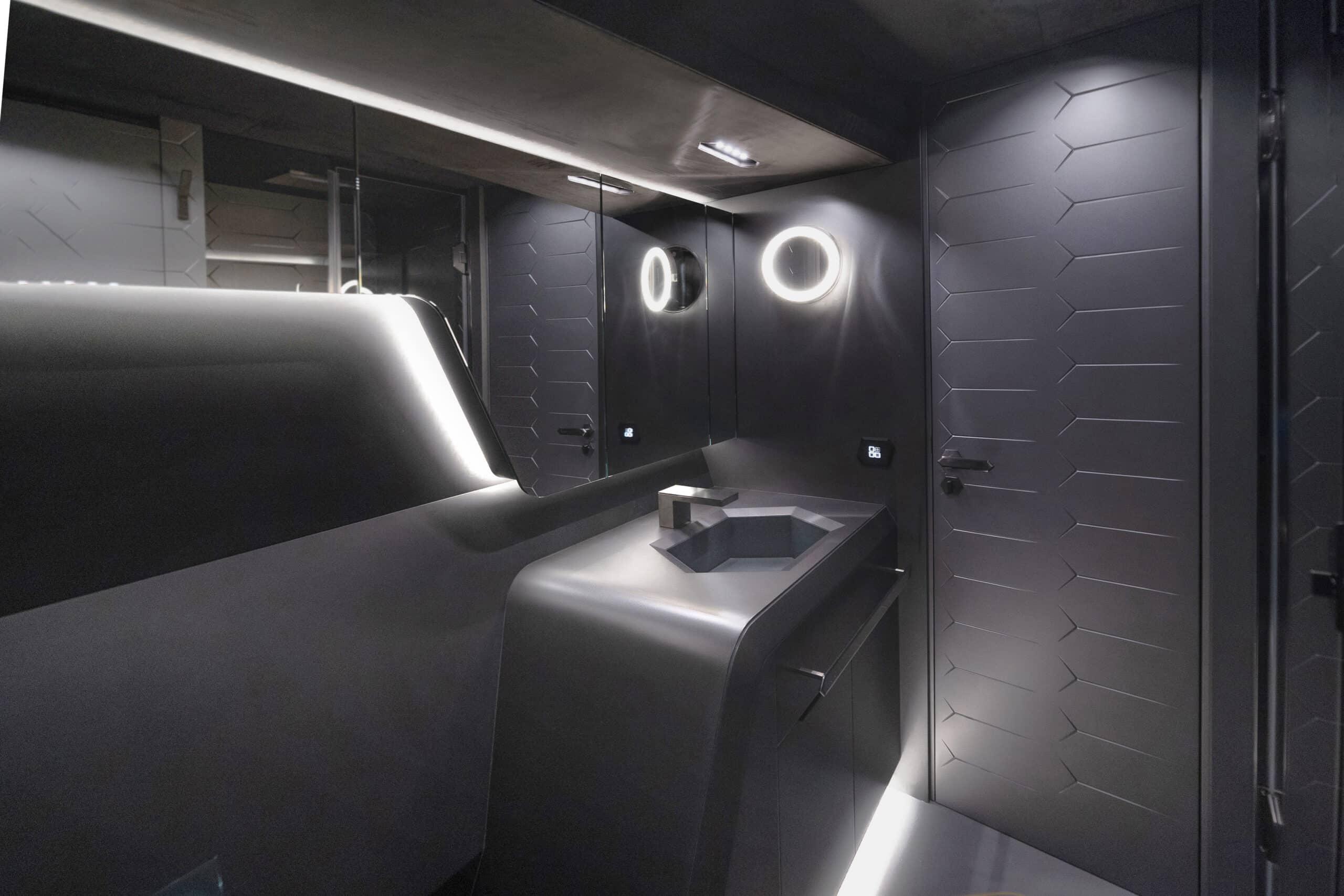 Tecnomar Lamborghini 63 bathroom in dark finishes, shipyard photo