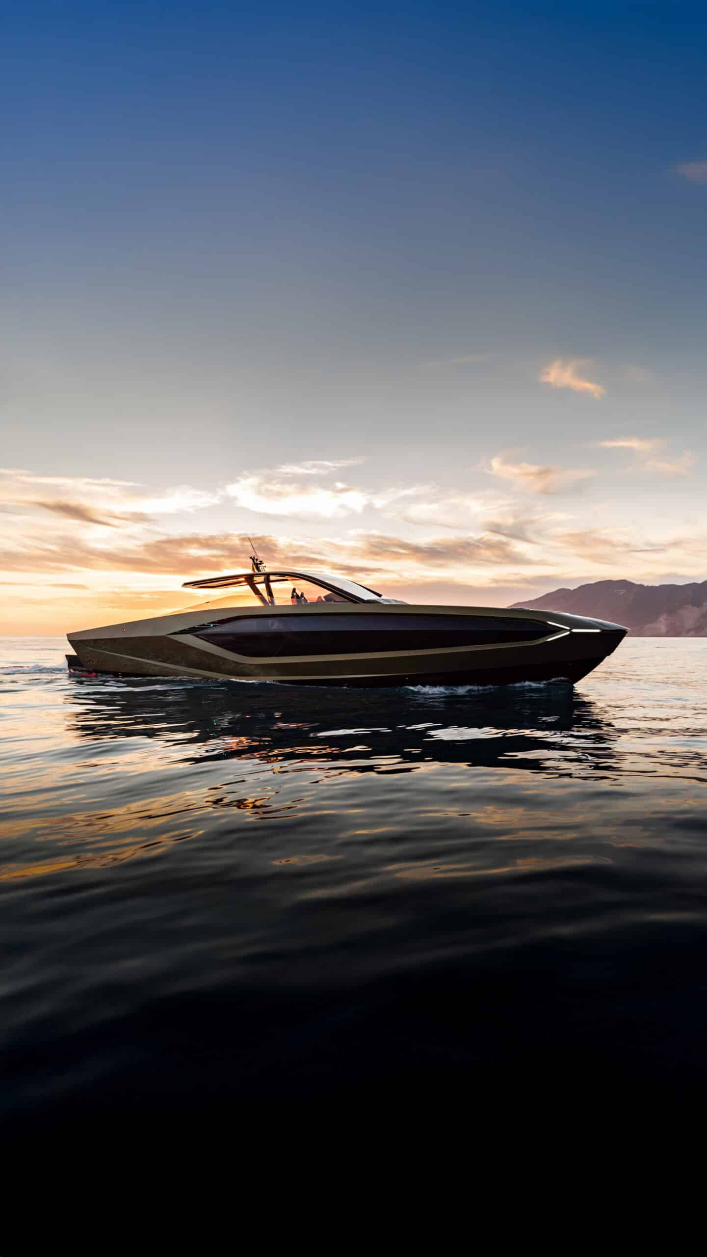 Tecnomar Lamborghini 63 bow-on profile at dusk, shipyard photo