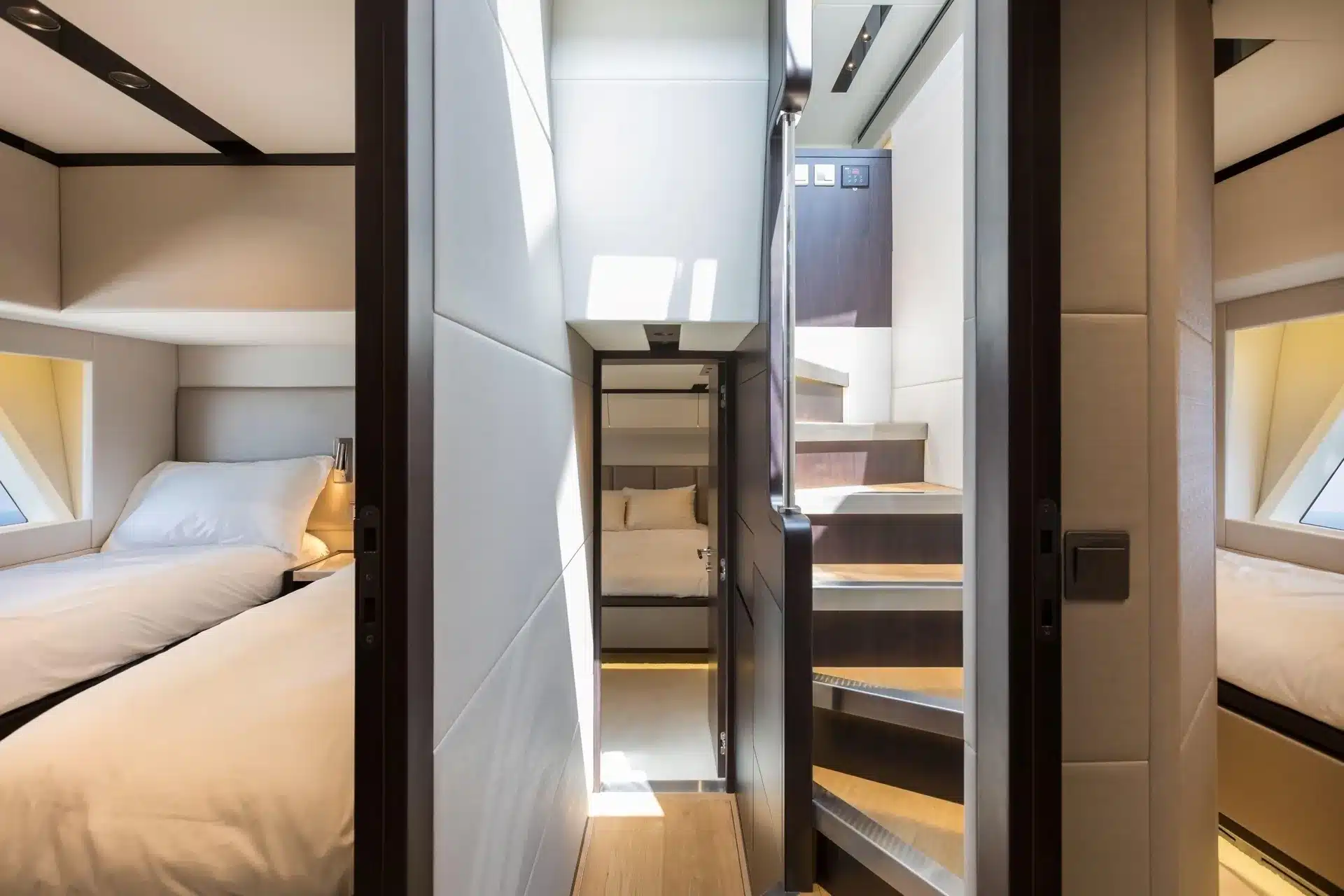 Alia 62 guest cabins and lower-deck corridor