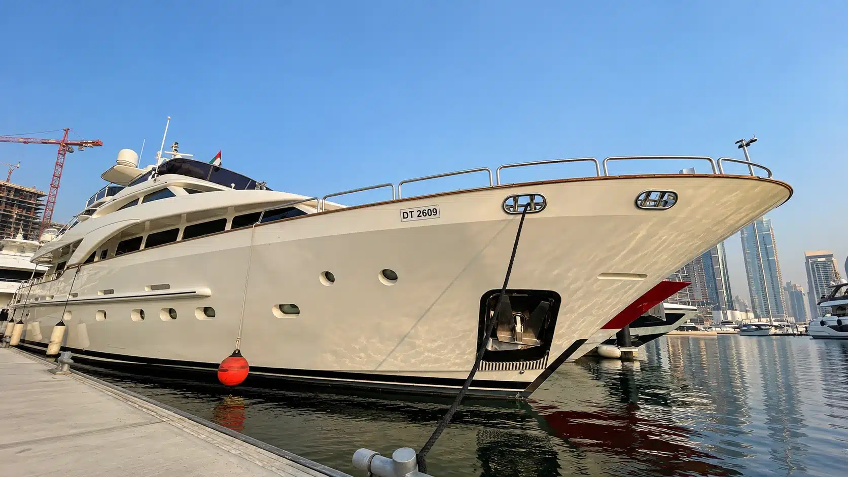 Benetti 120 yacht exterior bow and hull at the marina