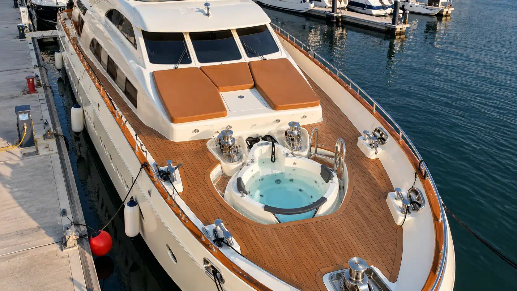Benetti 120 yacht bow jacuzzi and forward deck aerial view